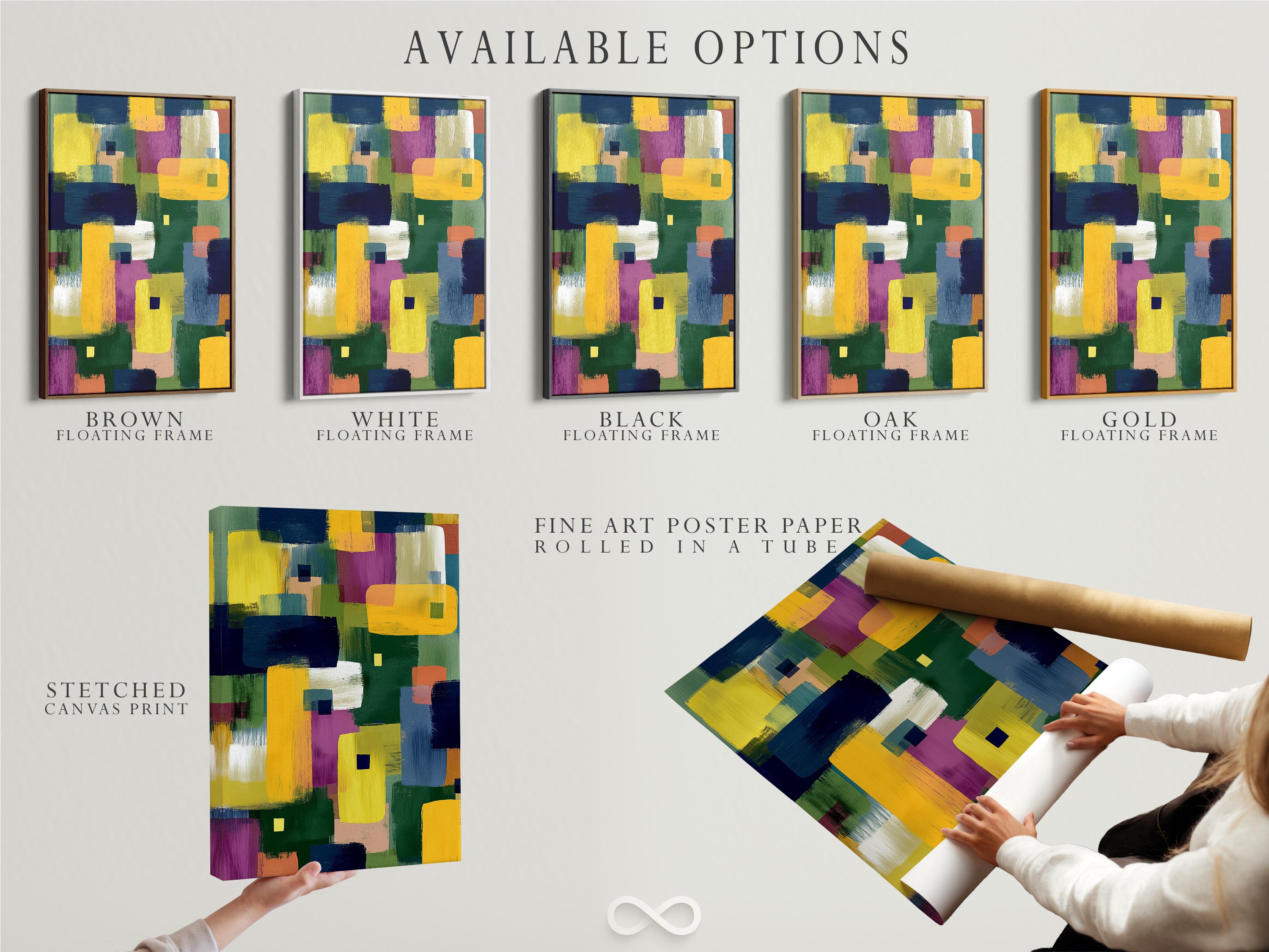 Abstract geometric artwork with overlapping yellow, blue, green and pink blocks detail view