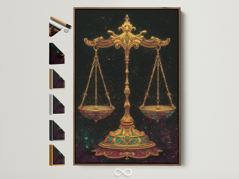 Ornate gold balance scales with emerald-green accents on a dark starry background