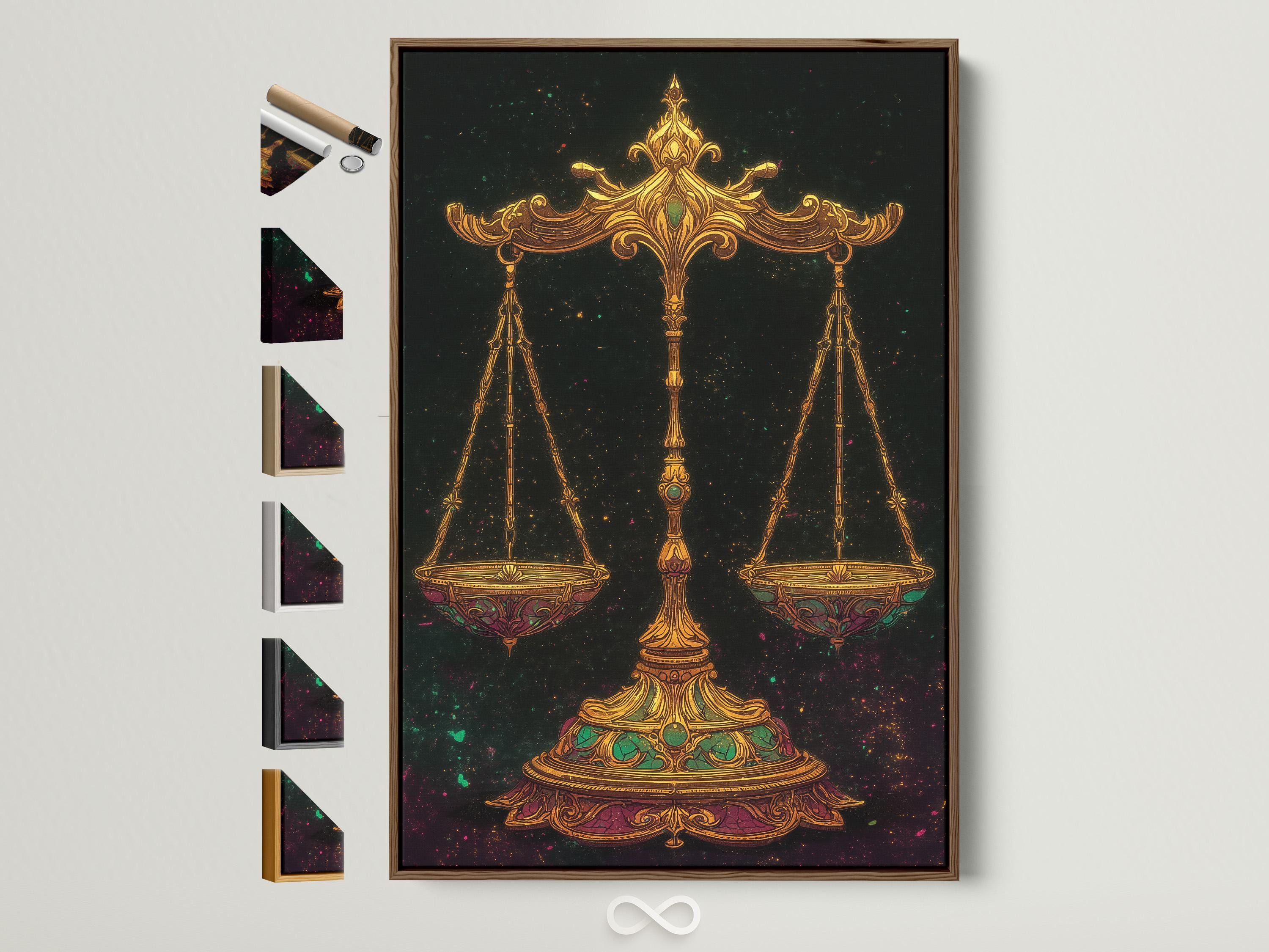 Ornate gold balance scales with emerald-green accents on a dark starry background