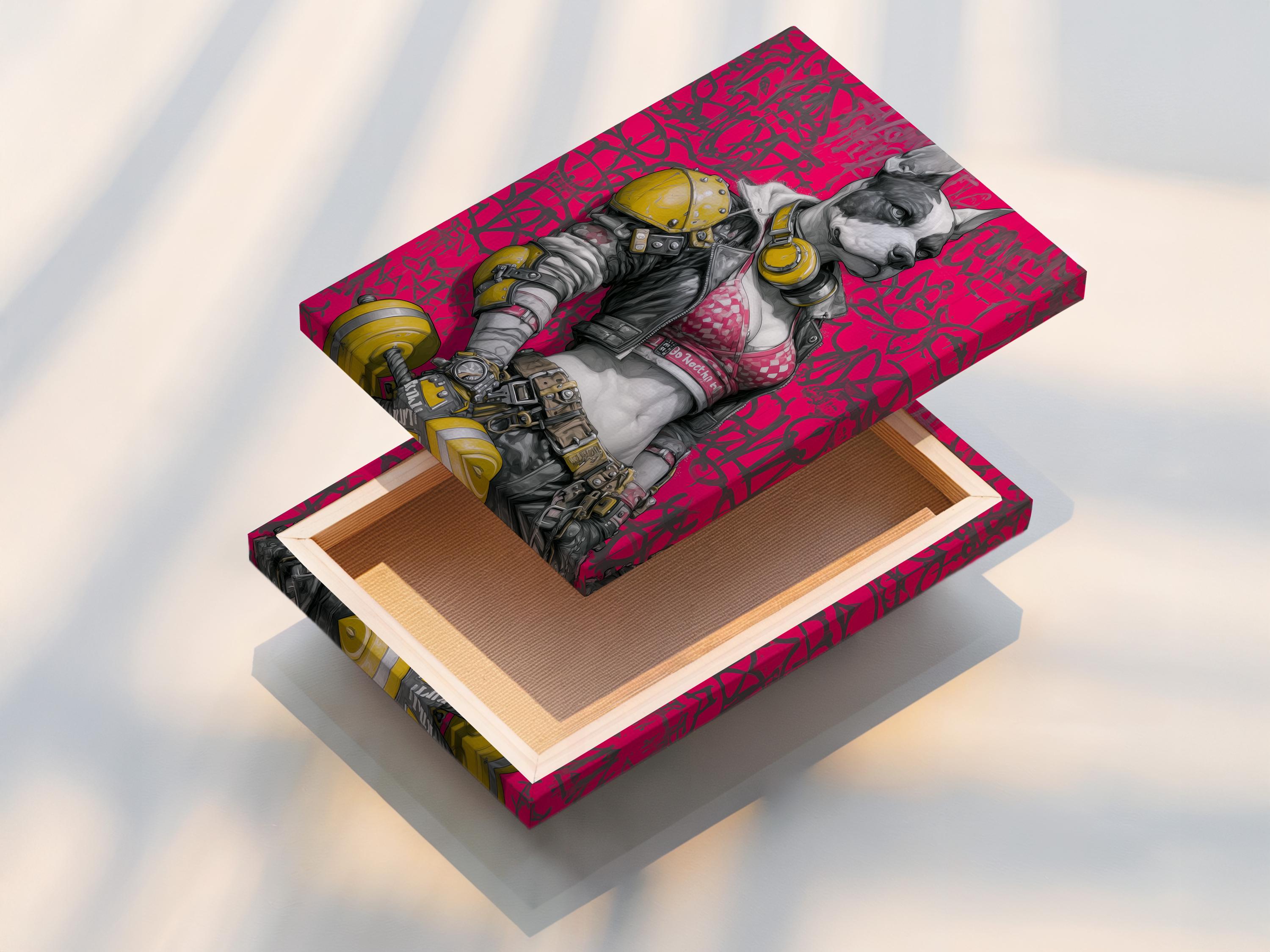 Stylised astronaut dog illustration with a pink graffiti background and yellow accents detail view