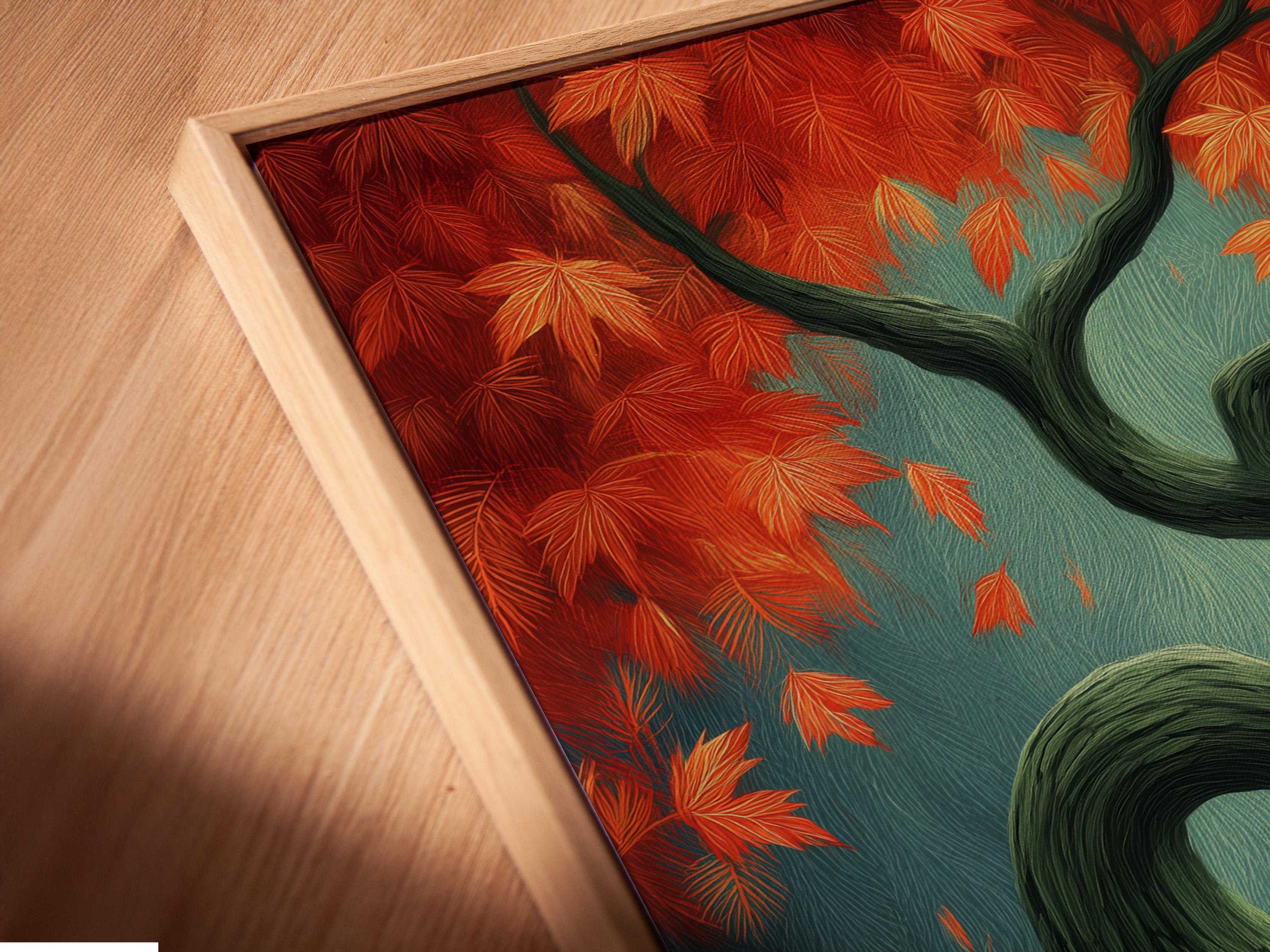 Autumn tree illustration with teal background, orange and red leaves, and a dark green twisting trunk detail view