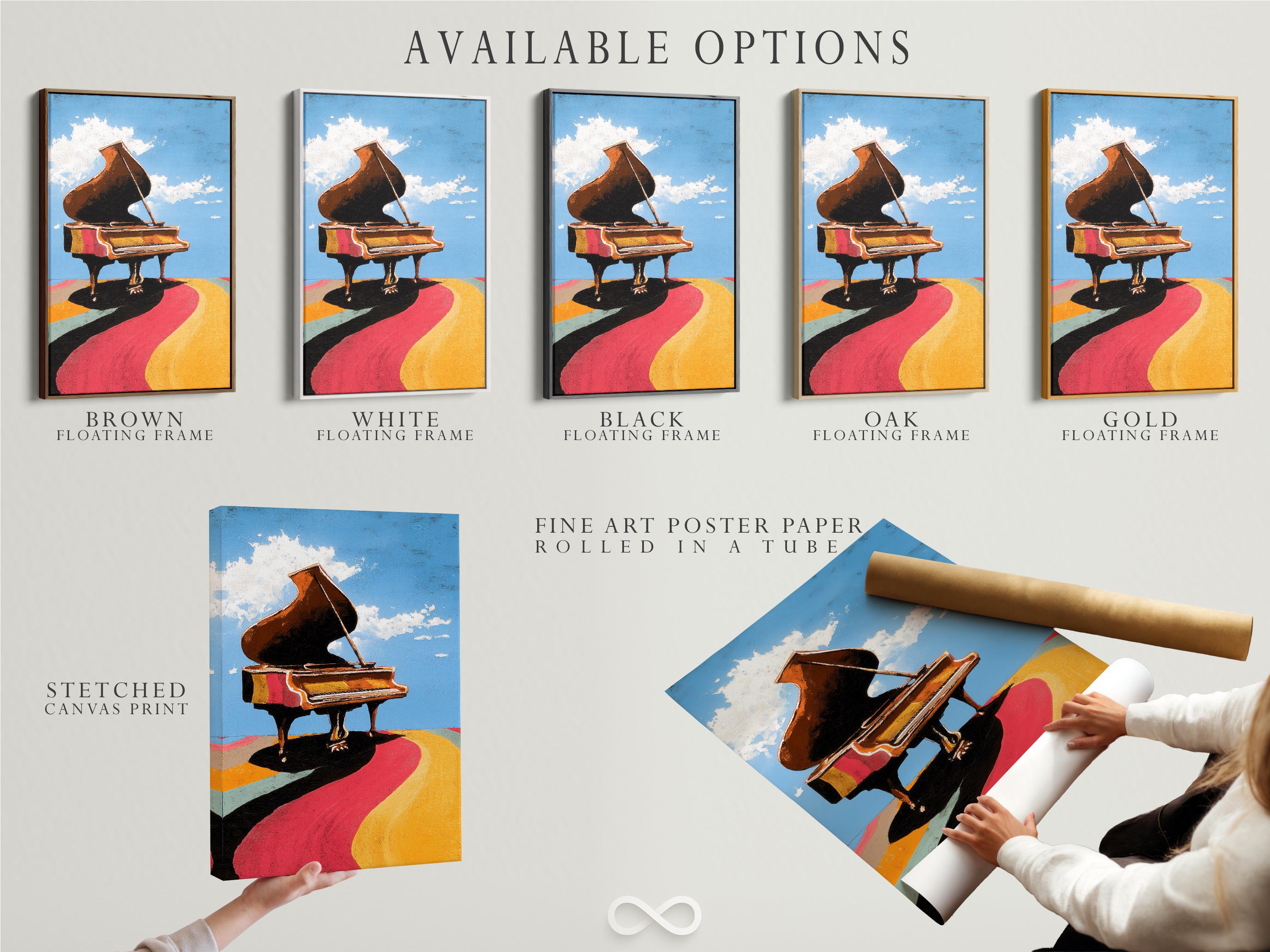 Room mockup showing a framed piano artwork with blue sky and colourful ground bands