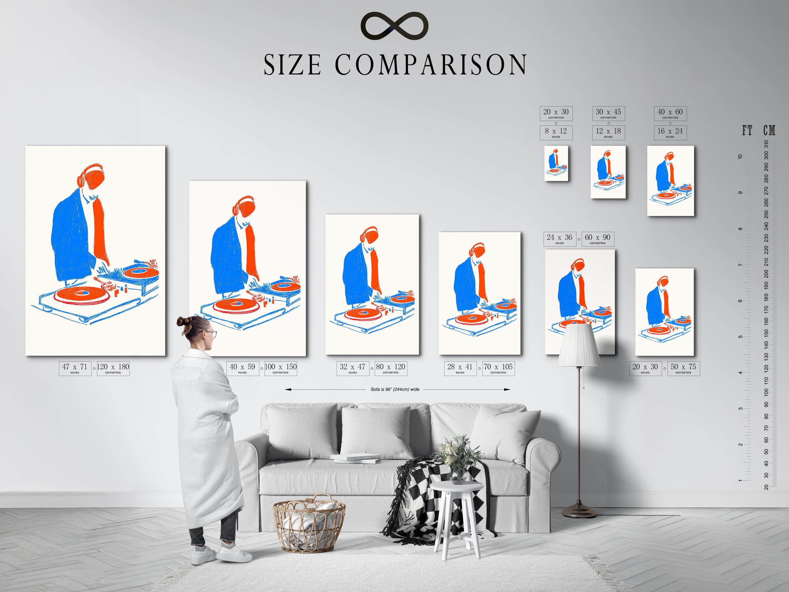 Room mockup showing a framed DJ turntable illustration in blue and orange tones