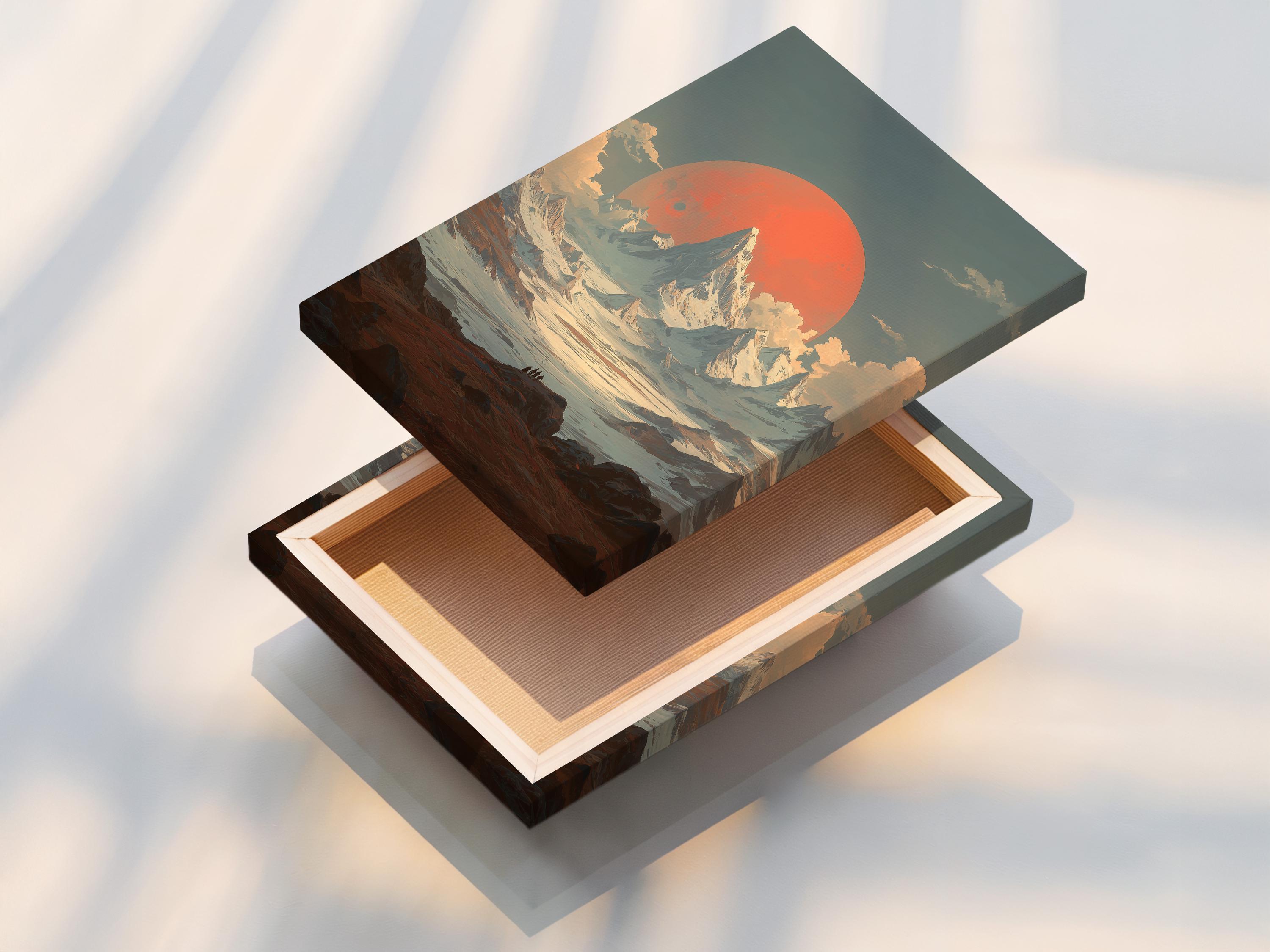 Framed stylised mountain sunset landscape artwork shown in a mock display