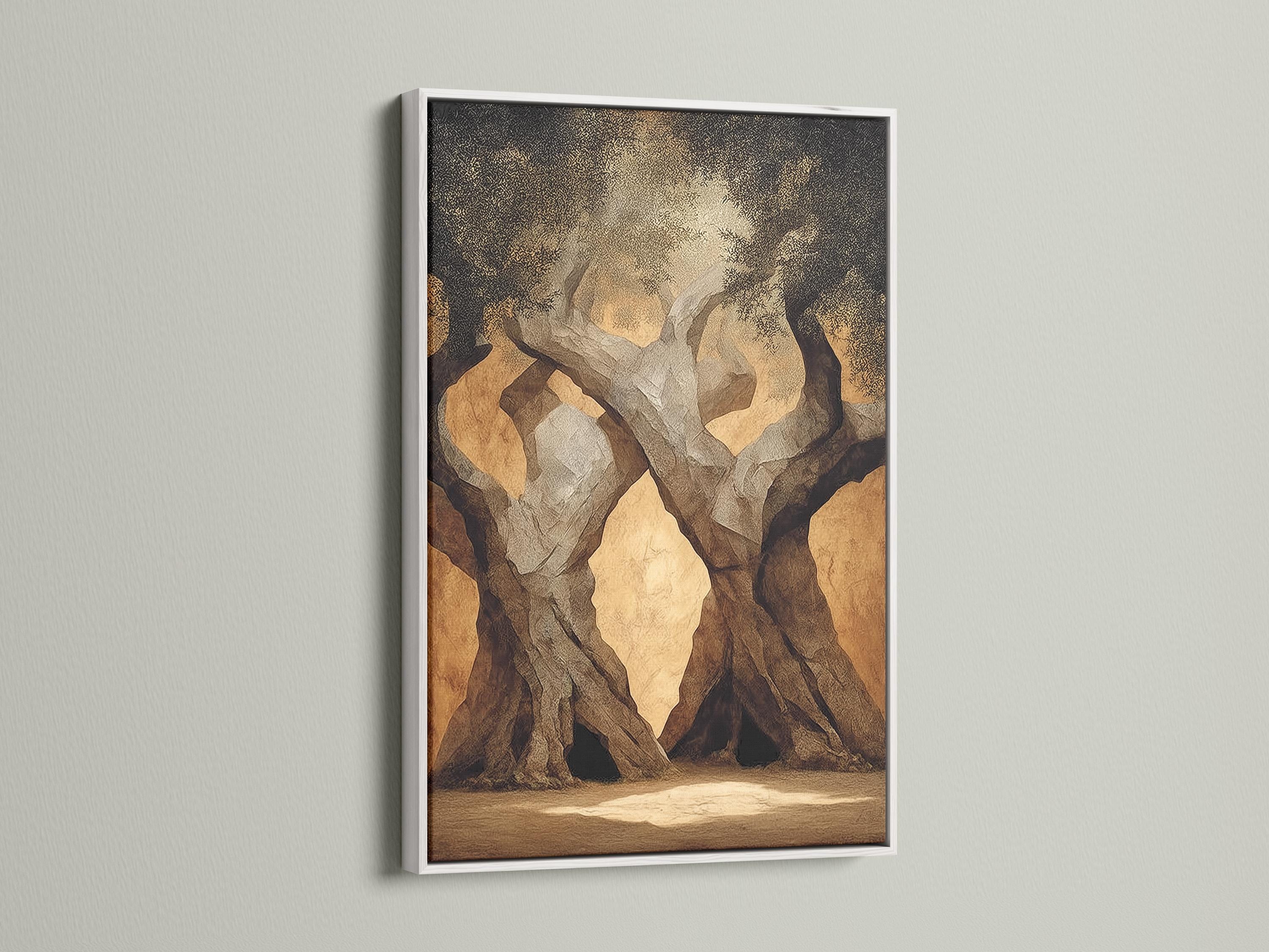 Textured earth-toned landscape with twisted tree trunks and sandy ground detail view