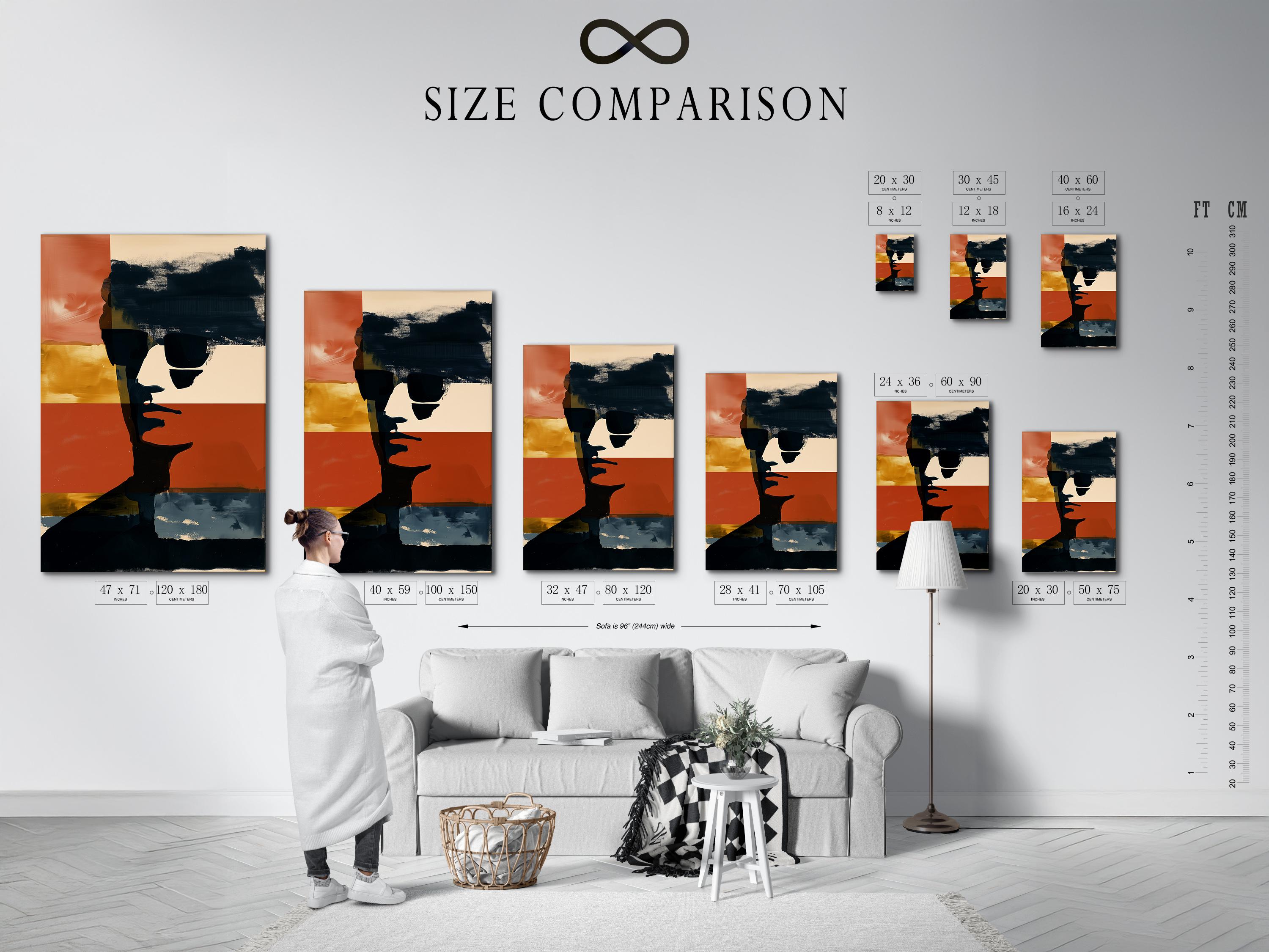 Abstract portrait silhouette with terracotta, cream and navy colour bands detail view
