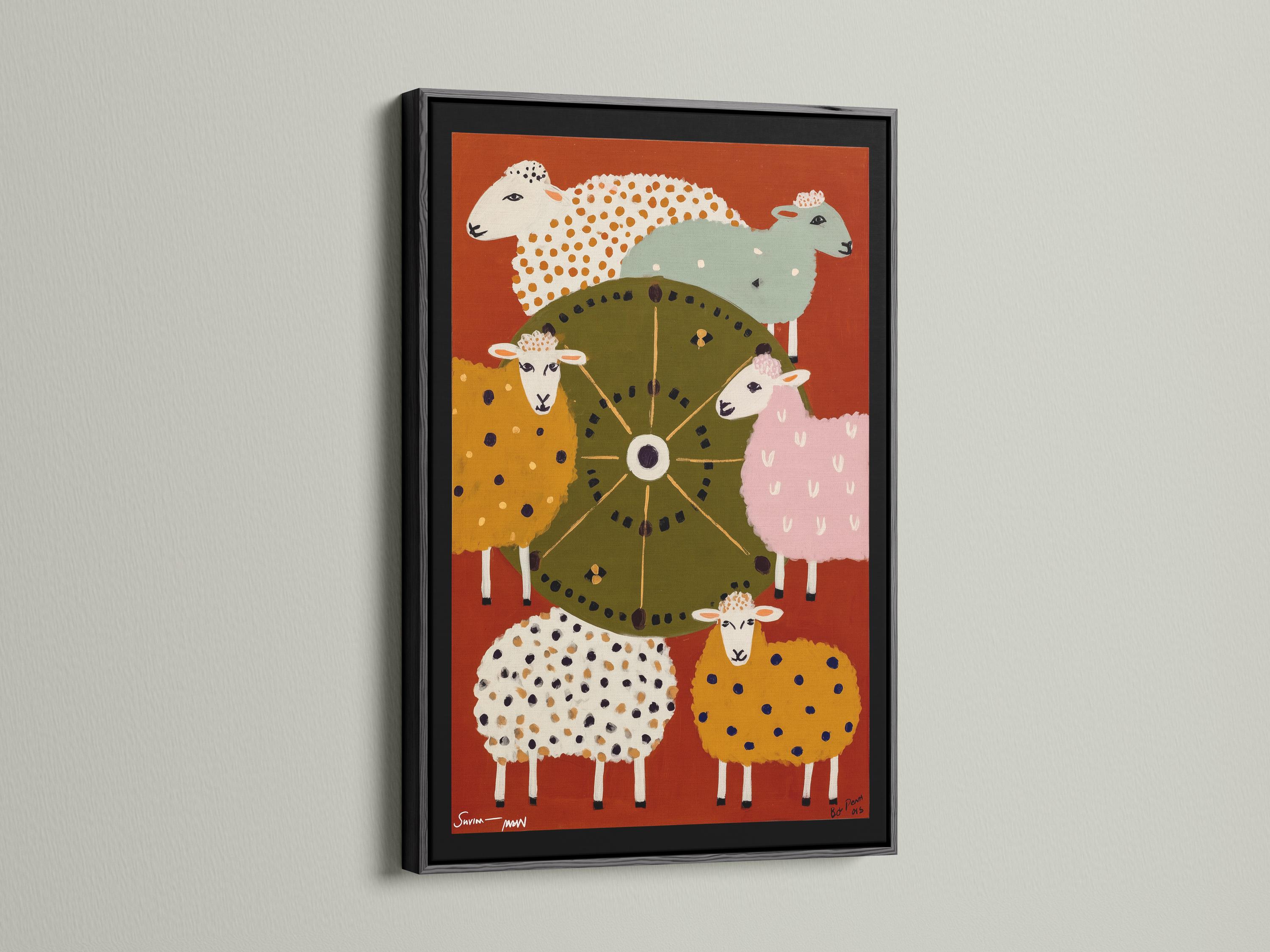 Colourful folk-style sheep illustration with a central wheel motif on a warm orange background detail view