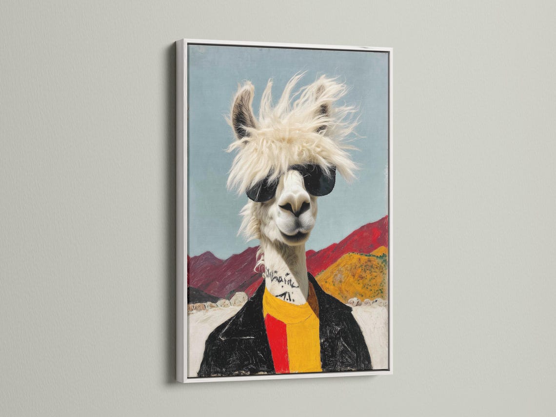 Stylised llama wearing black sunglasses with a fluffy mane and red and yellow scarf in a desert scene detail view