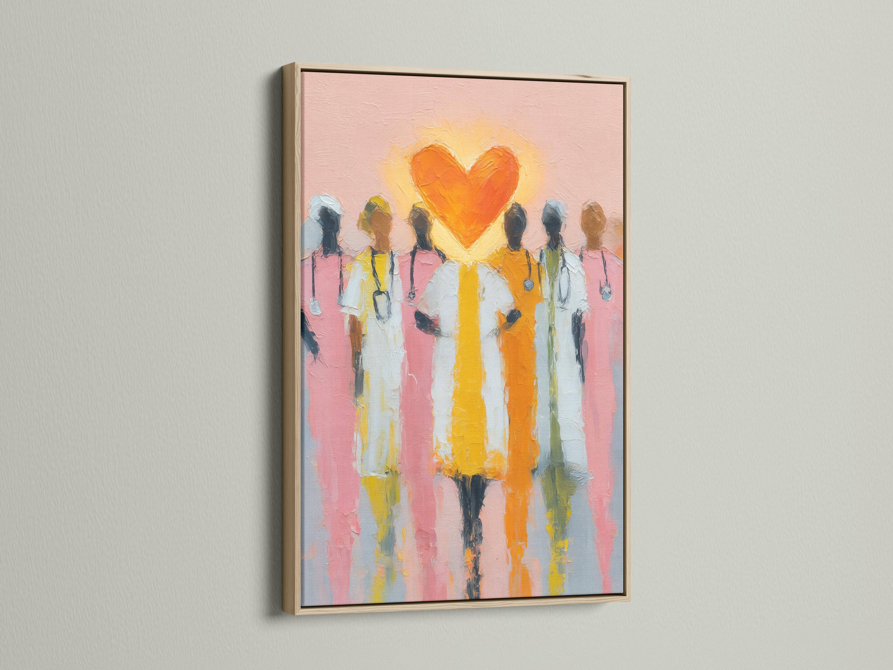 Orange heart above stylised healthcare worker figures on a pink painterly background detail view