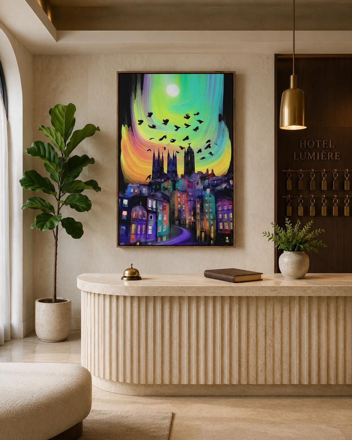 A colourful cityscape with gothic buildings sits beneath a bright stylised moon, while dark birds fly across a swirling sky detail view