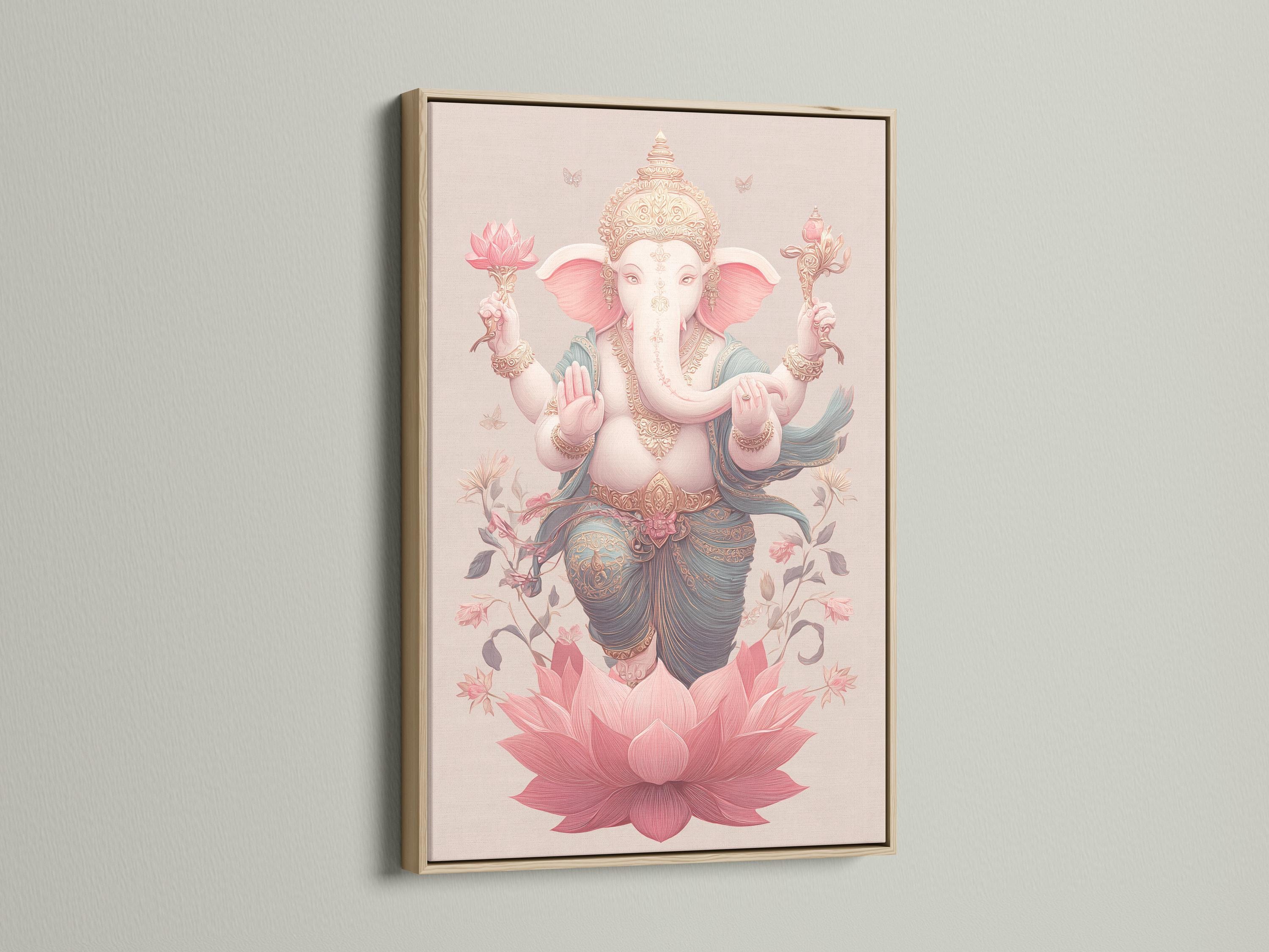 Elephant-headed deity figure with raised hands above a large pink lotus, with floral vines and butterflies detail view