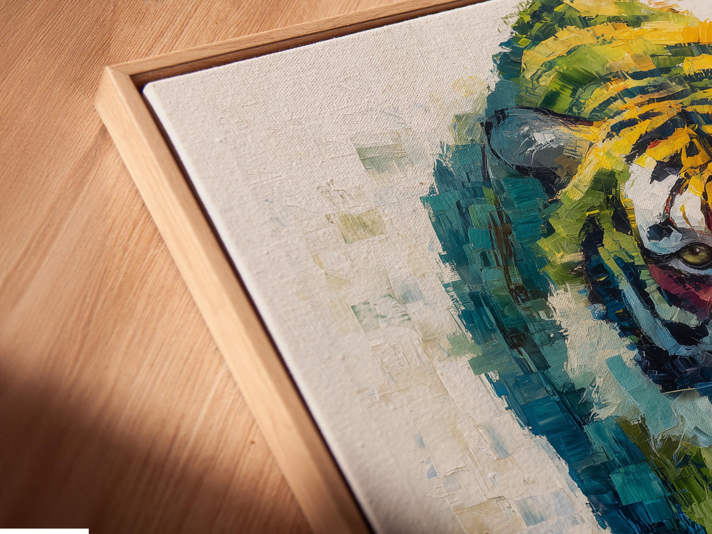 A painterly tiger portrait with layered blue, green and yellow mosaic-like brush strokes detail view