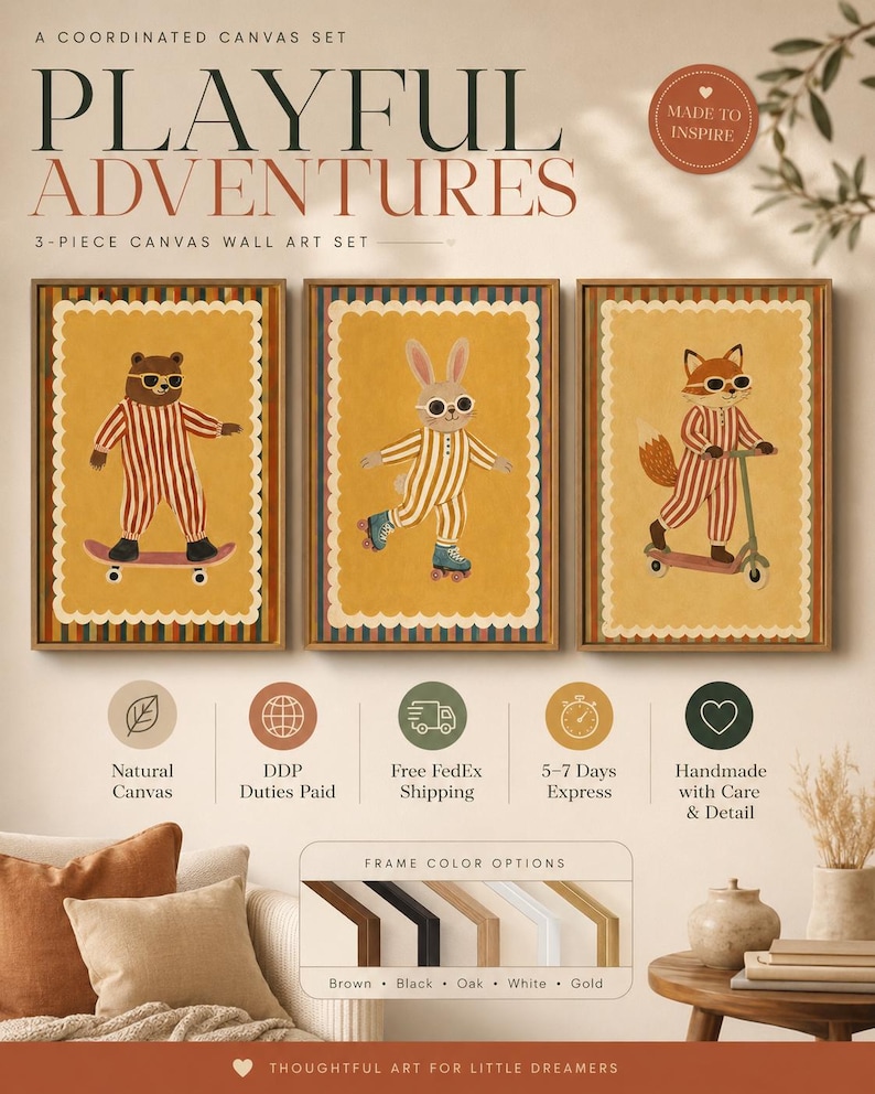 Three illustrated animal characters on skate and scooter wheels in warm mustard tones
