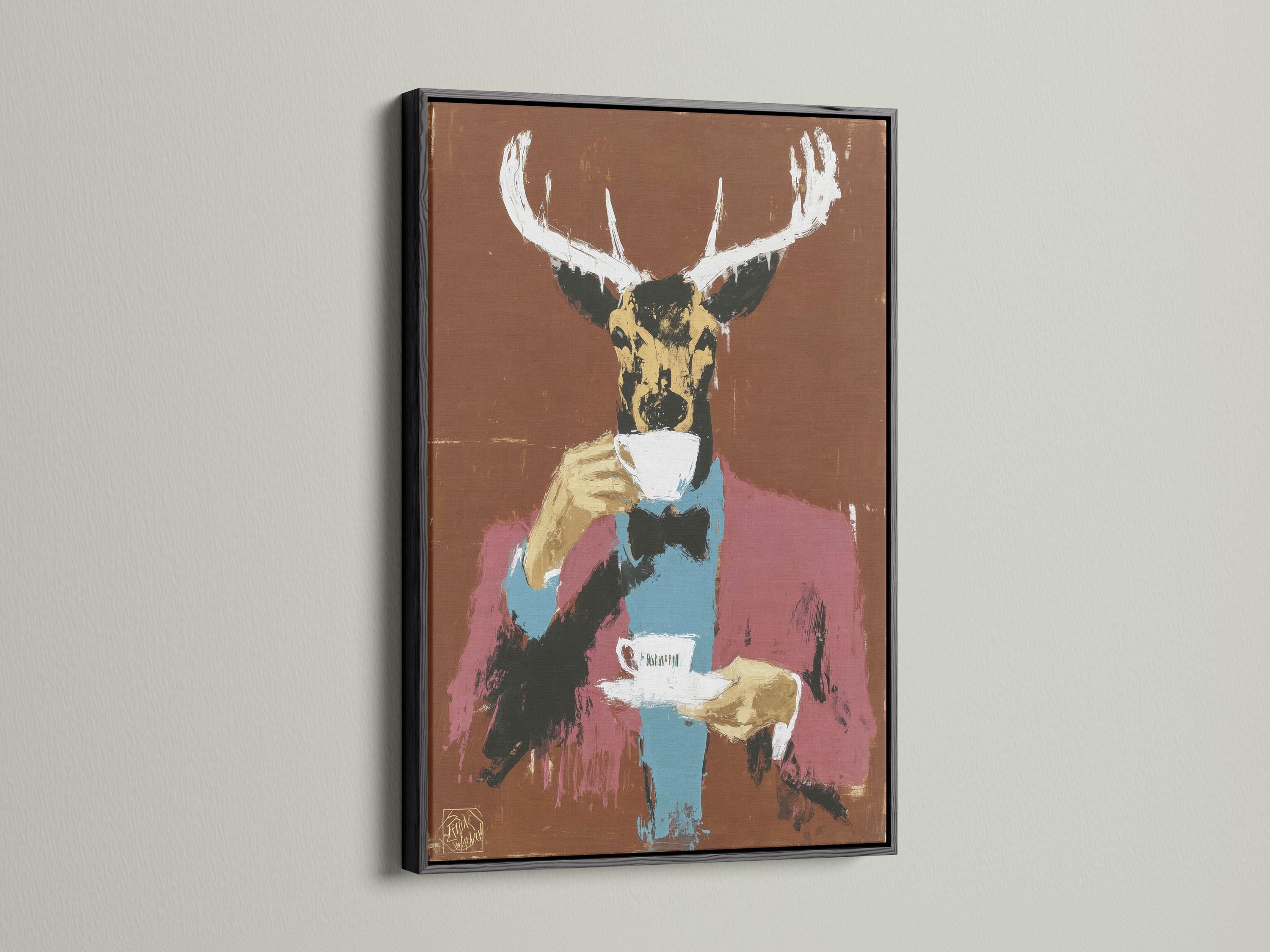 Stylised deer portrait with large antlers and a cup, in warm brown with teal and pink accents detail view
