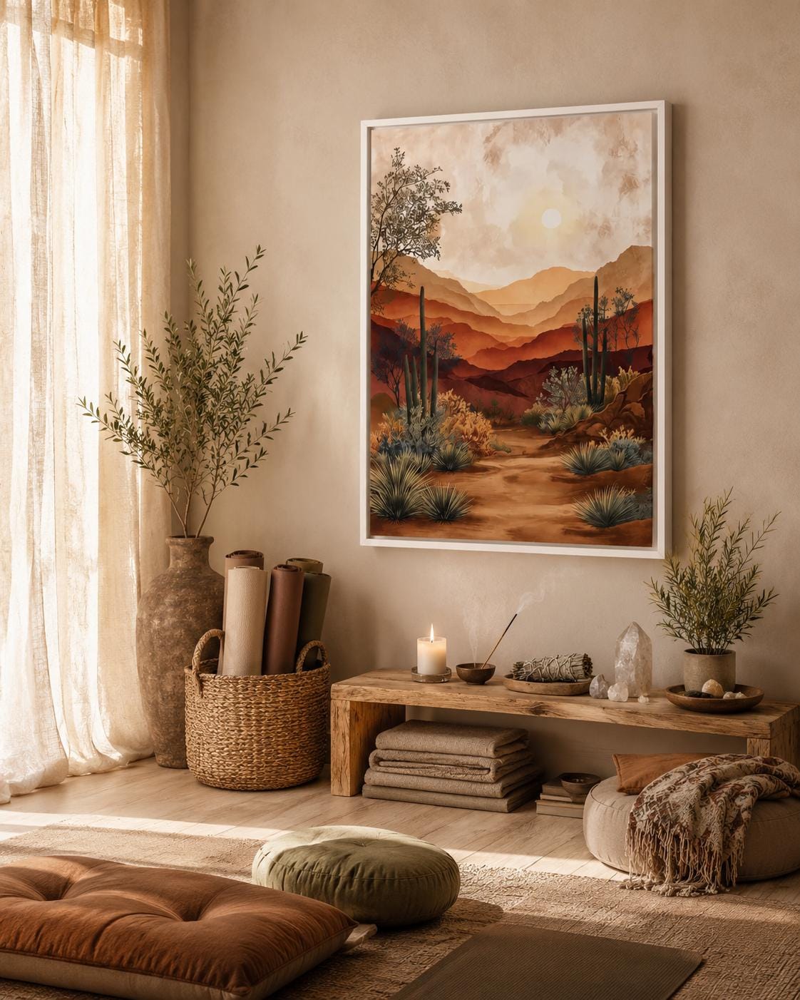 Warm desert landscape artwork with layered mountains, pale sun, and cactus-like plants detail view