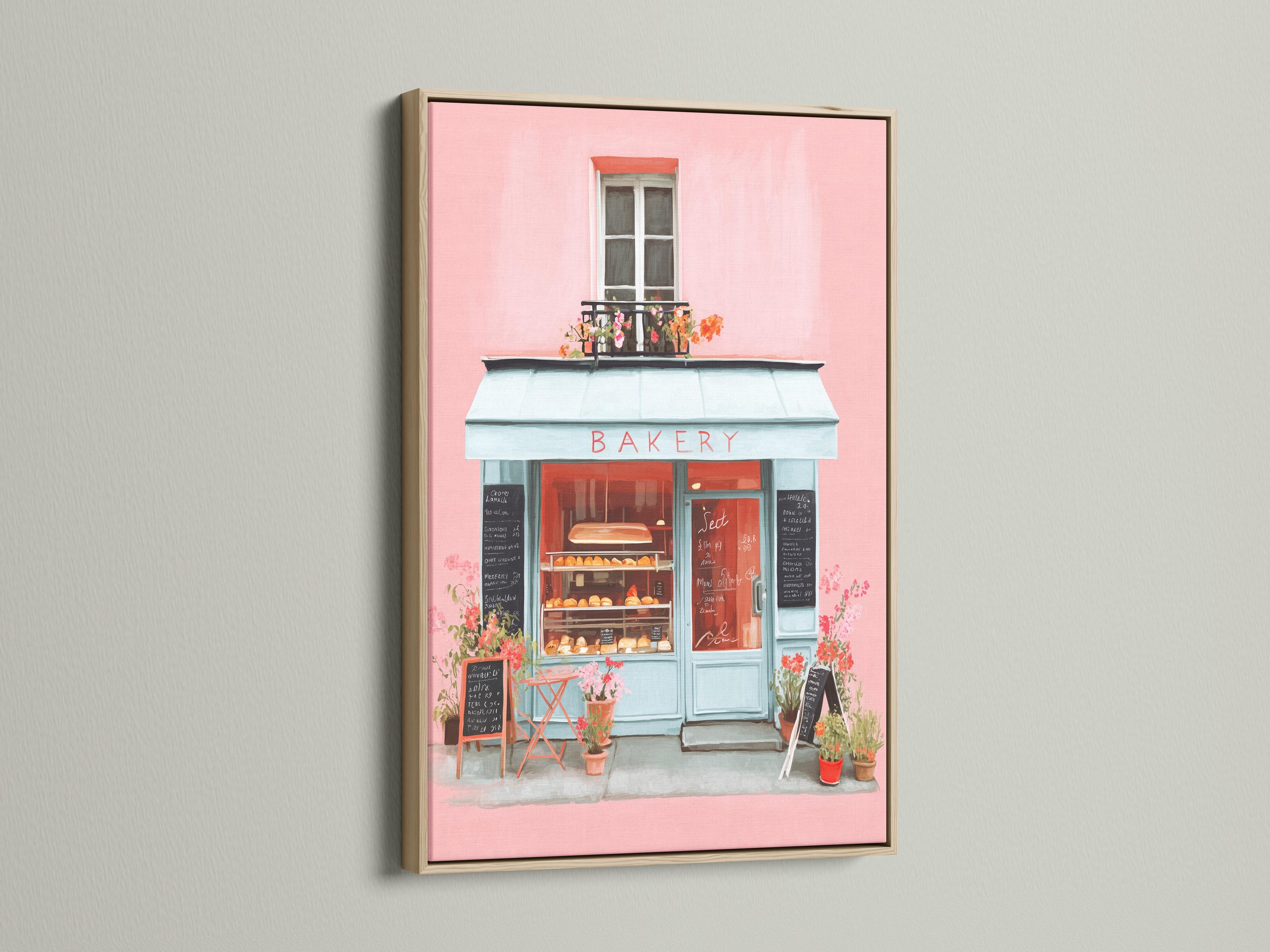 Room mockup showing a framed pastel bakery shopfront illustration