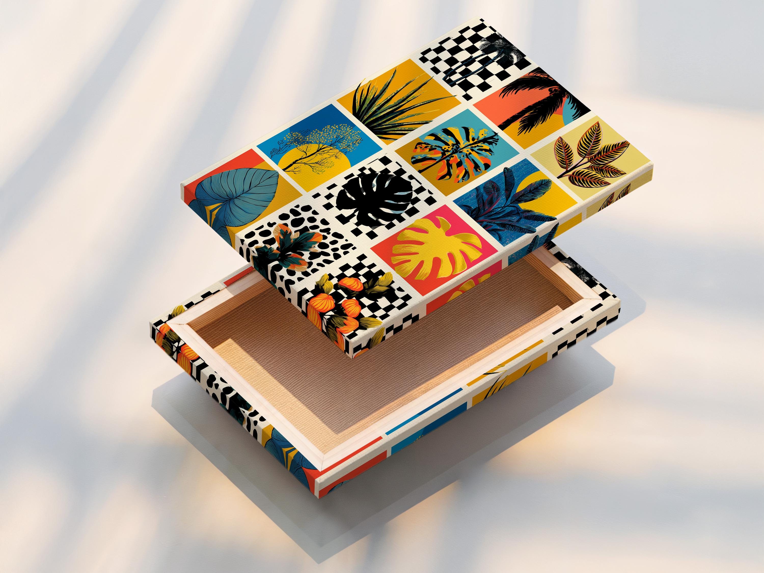 Retro tropical botanical collage on a framed grid, shown in a room mockup with extra artwork