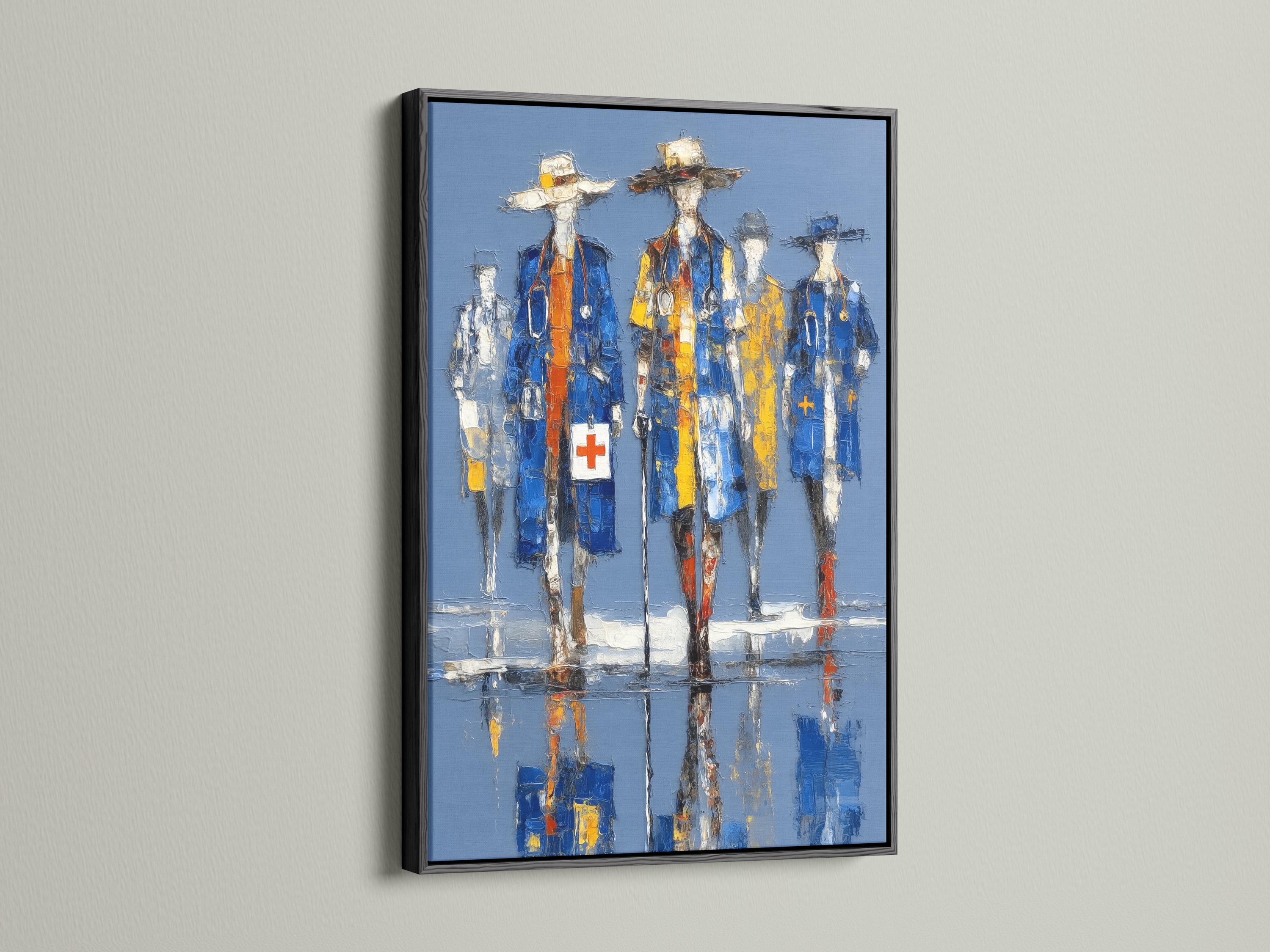 Blue and yellow medical staff figures with white cross symbols in a painterly style detail view