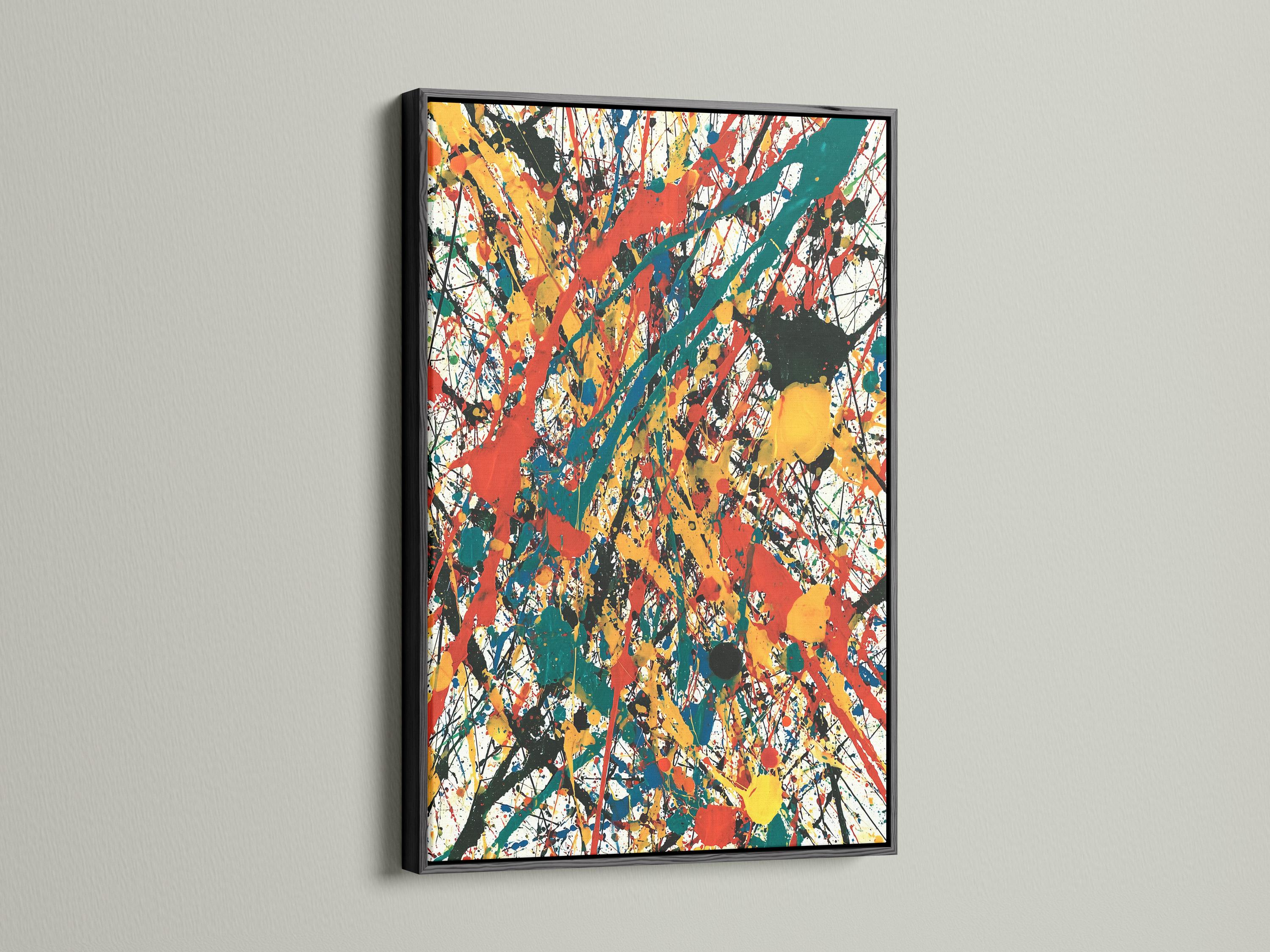 Room mockup showing an abstract expressionist artwork with red, teal, yellow and black splatters