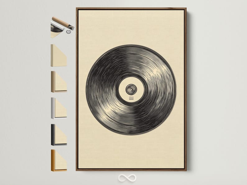 Vinyl record illustration with black concentric grooves on a beige background