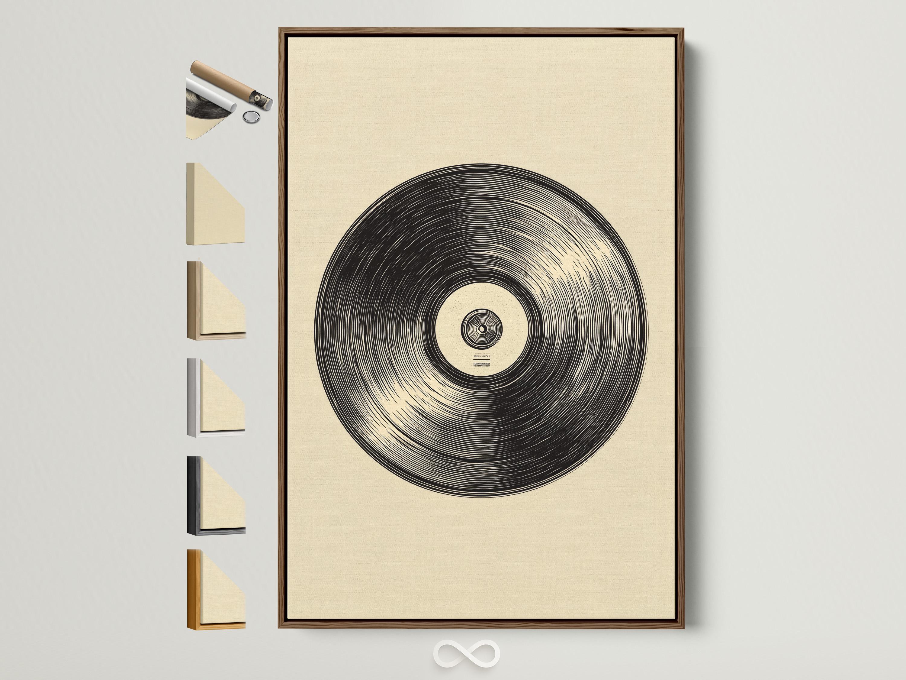 Vinyl record illustration with black concentric grooves on a beige background