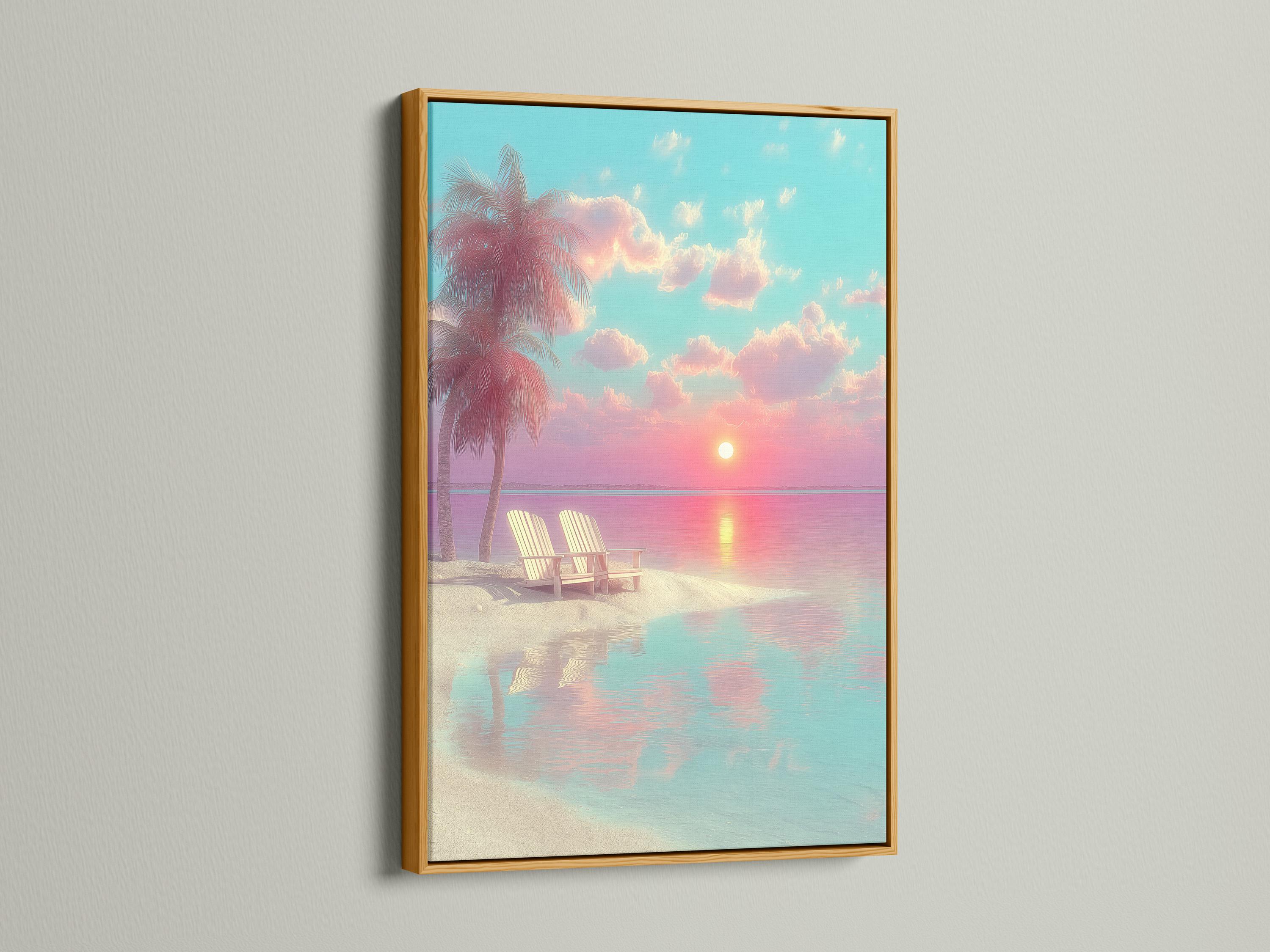 Room mockup showing beach sunset artwork in a framed seascape design