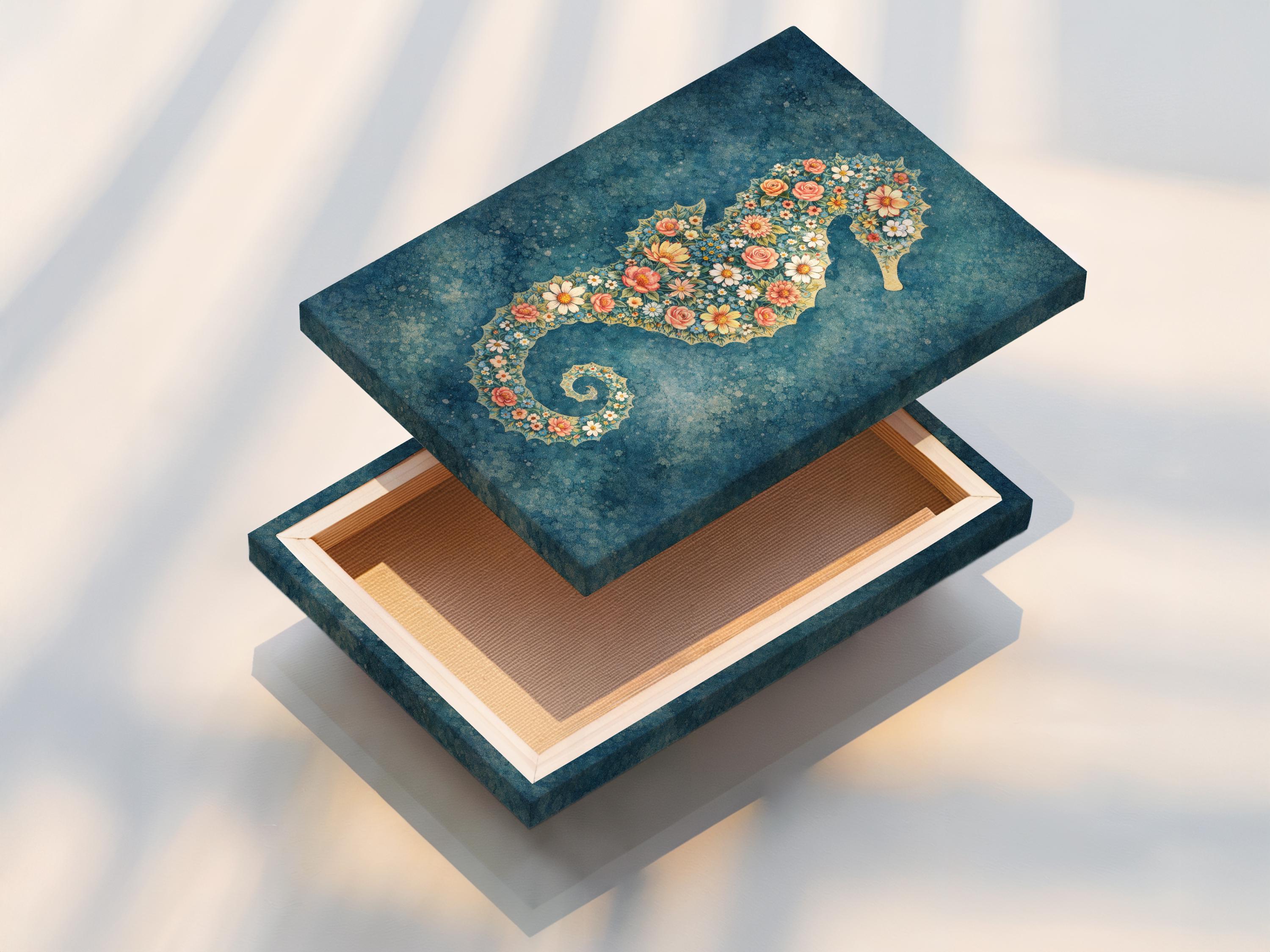 Room mockup showing a framed floral seahorse artwork above a sofa