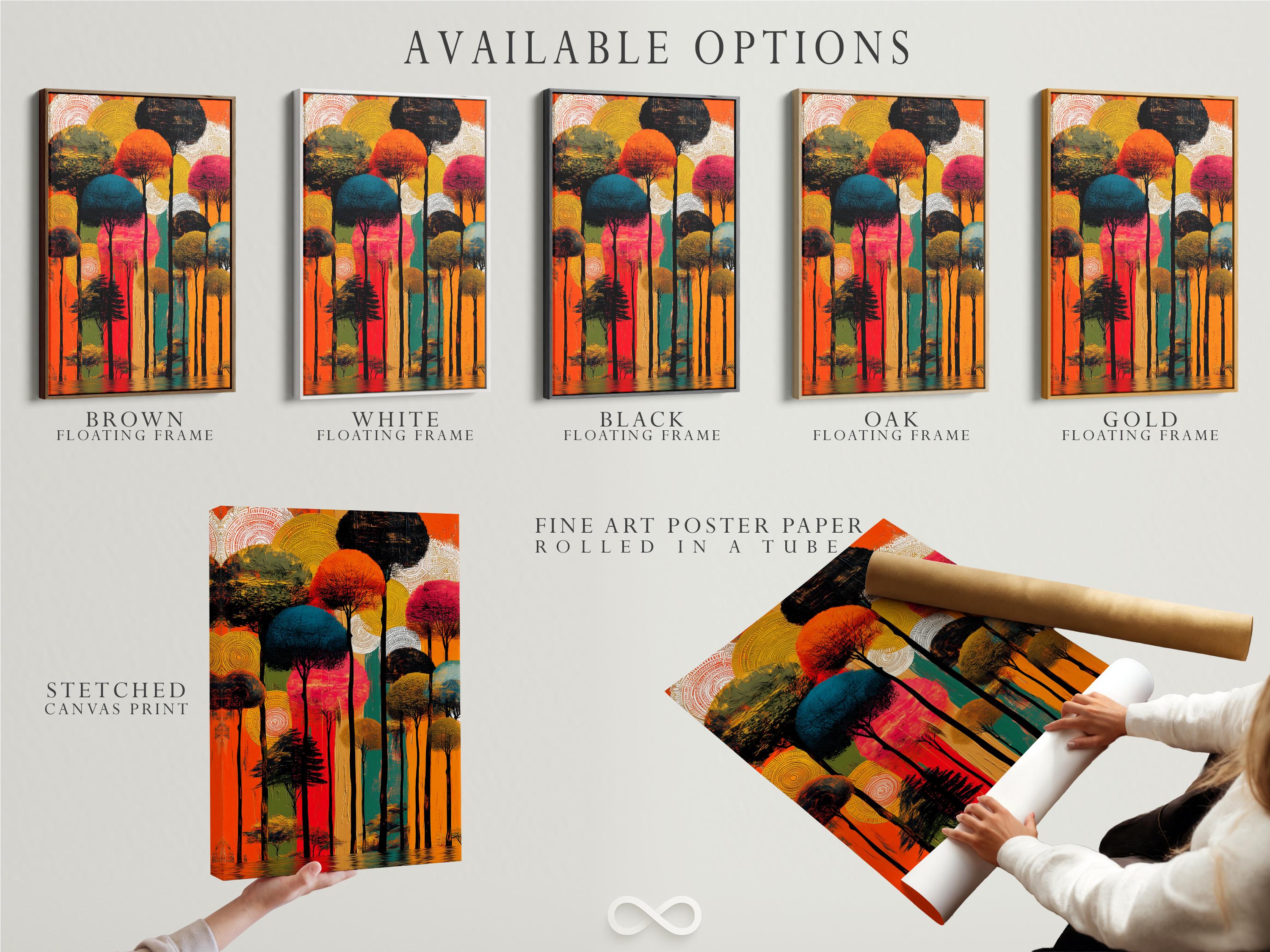 Wall mockup featuring an abstract forest artwork with orange and teal tones and circular line patterns