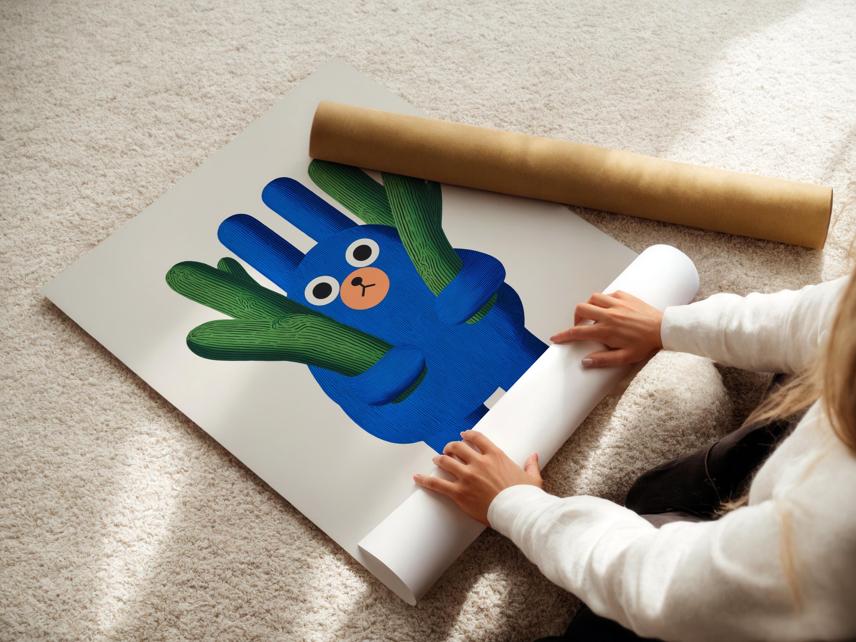 Blue cartoon bear holding green cactus arms on an off-white background detail view