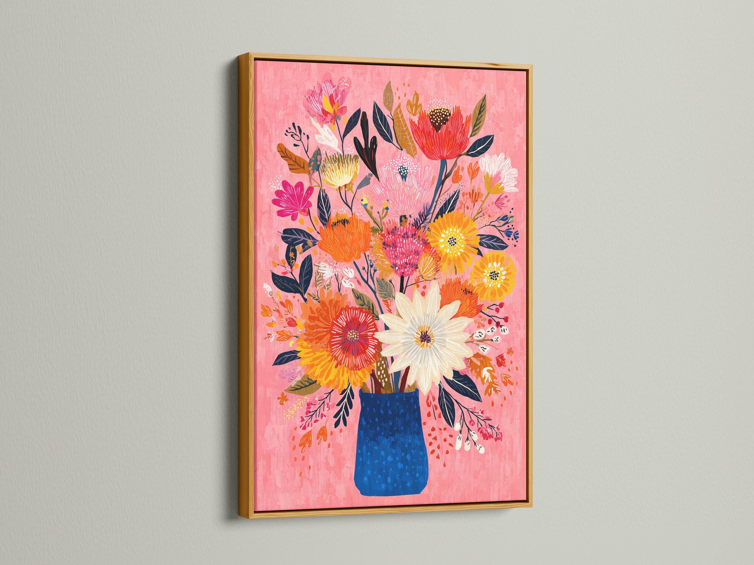 Room mockup showing a framed floral bouquet artwork on a wall