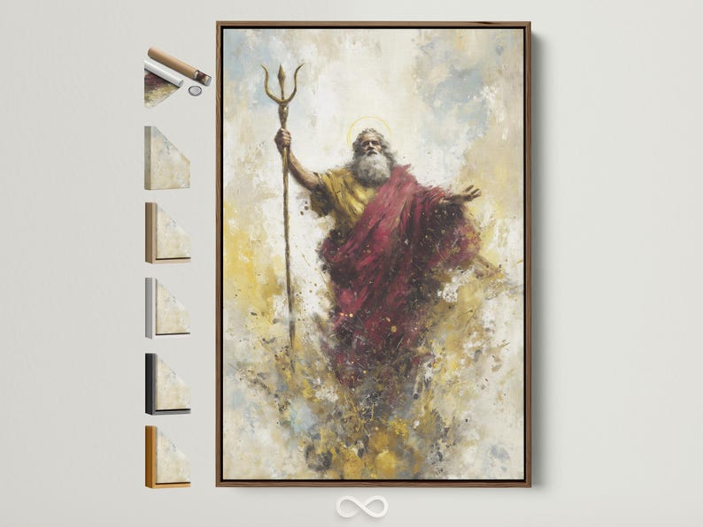 Mythological bearded figure holding an upright trident, wearing a red cloak on a textured beige background