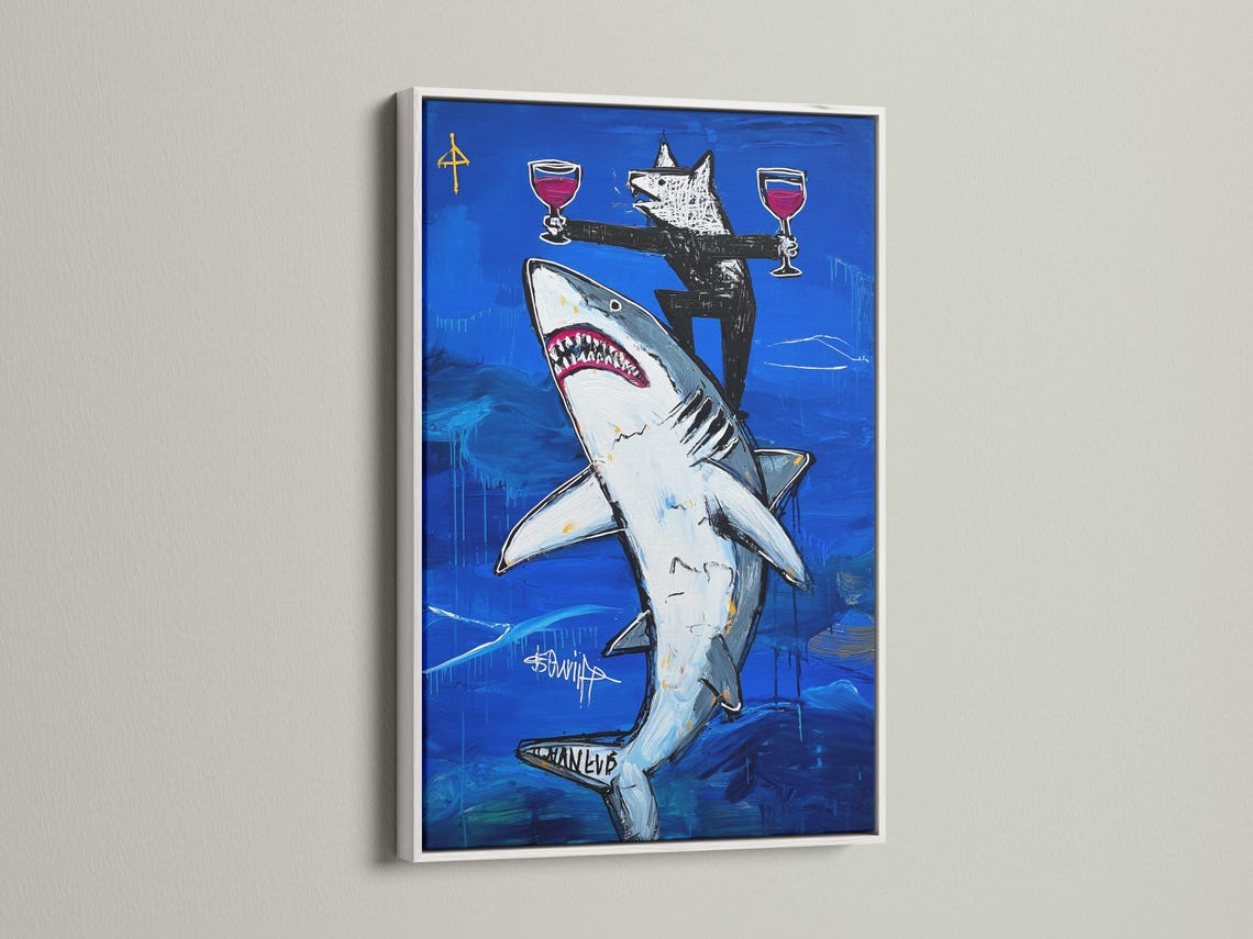 Stylised shark swimming in deep blue ocean with a wolf and trophy goblets detail view