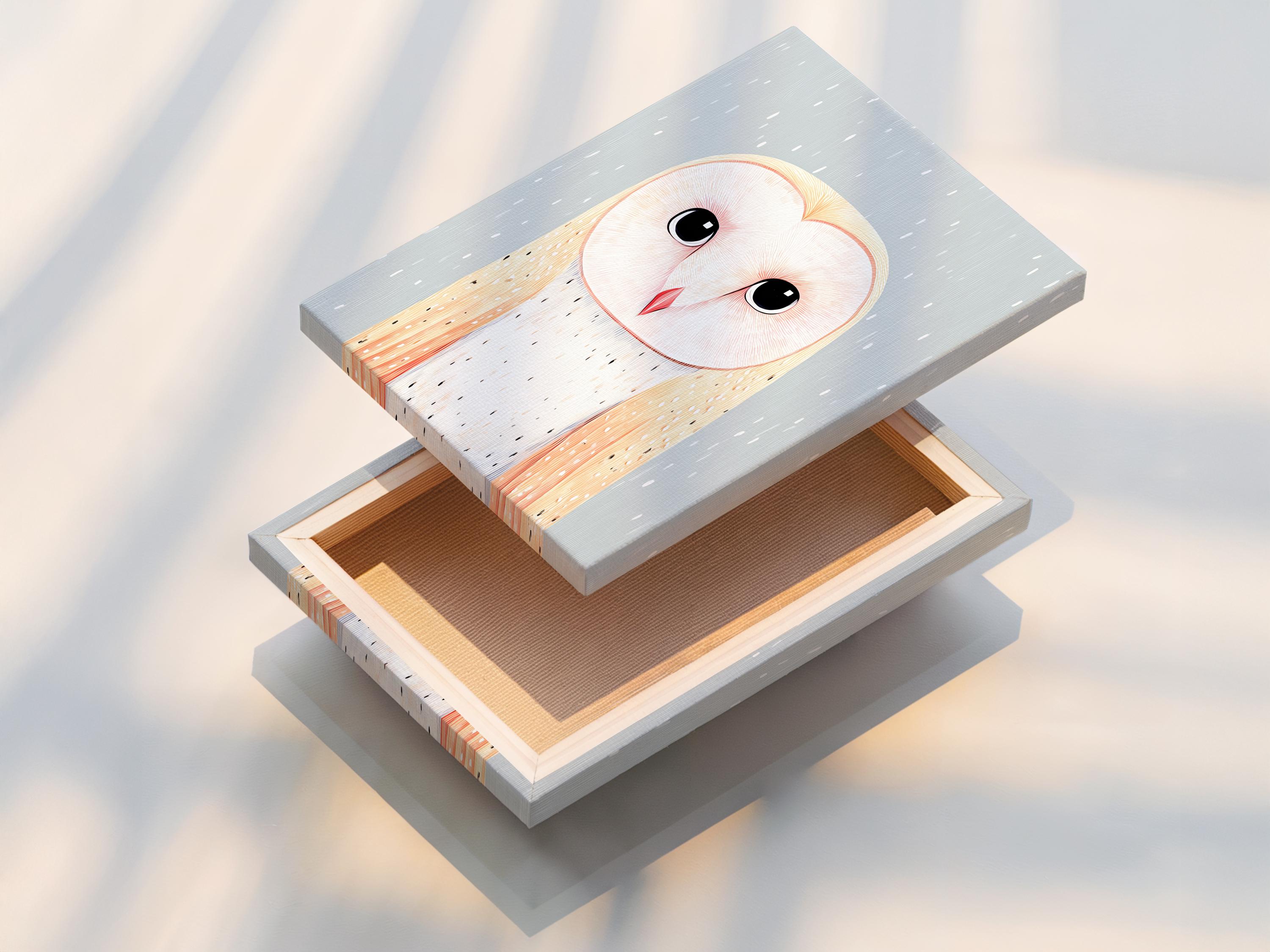 Illustrated pastel owl with large dark eyes and a red beak on a pale blue background detail view