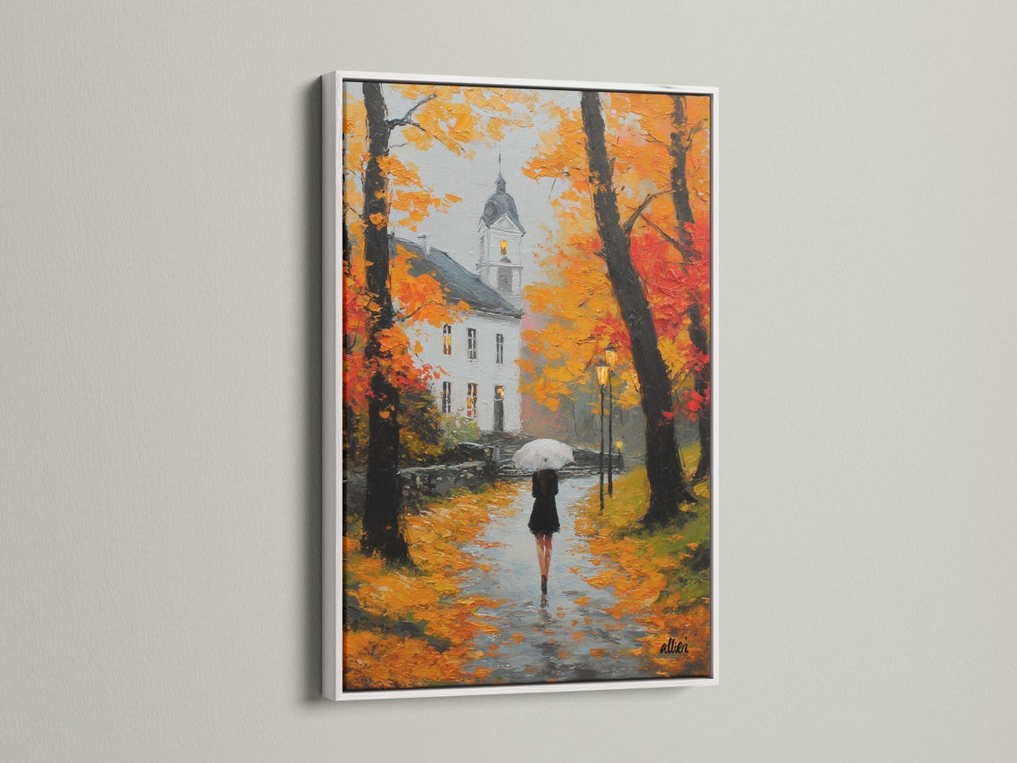 Painted autumn rain street scene with a figure holding an umbrella under orange and red trees detail view