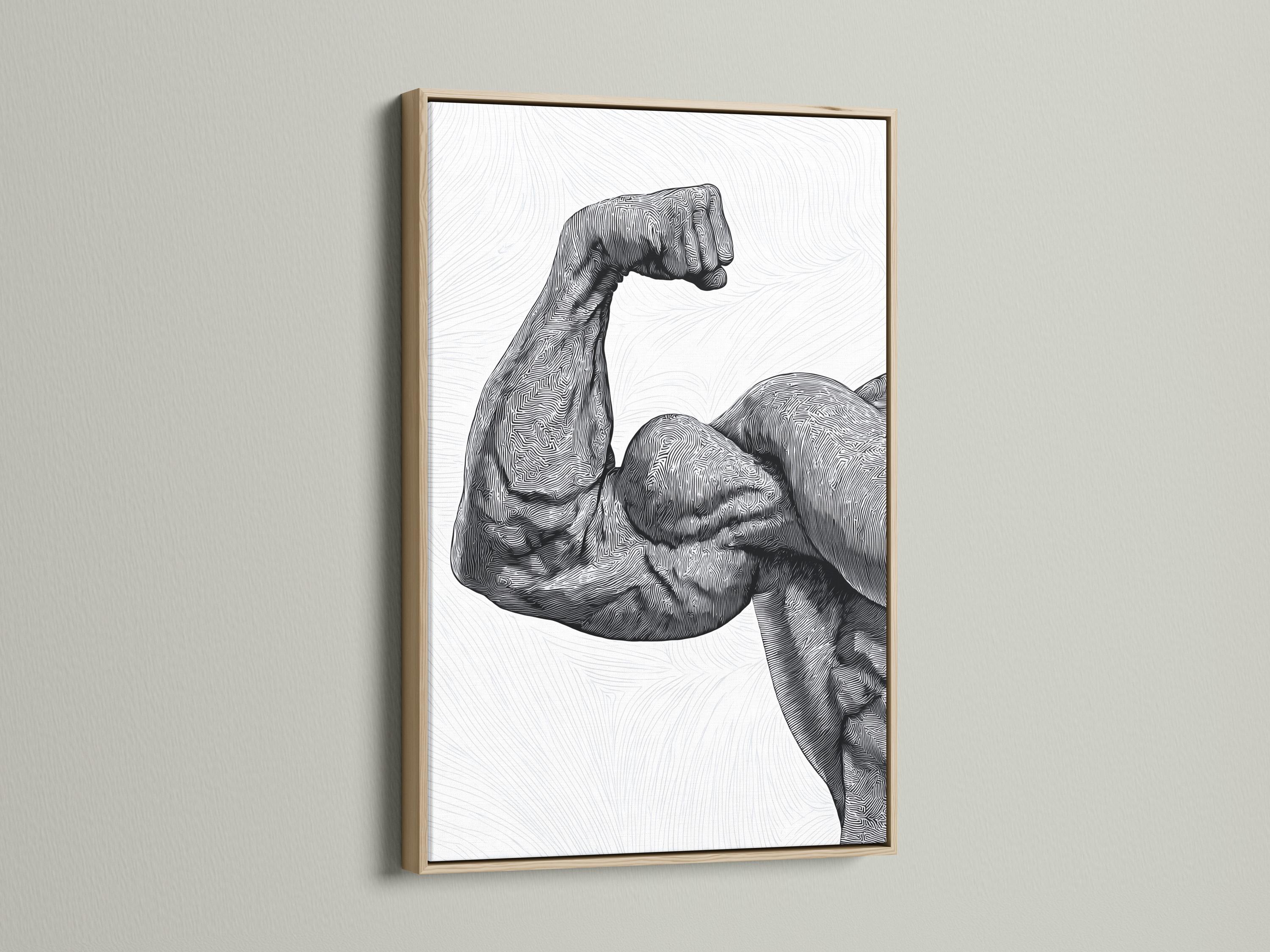 Black and white line art of a flexing muscle figure with dense contour lines detail view