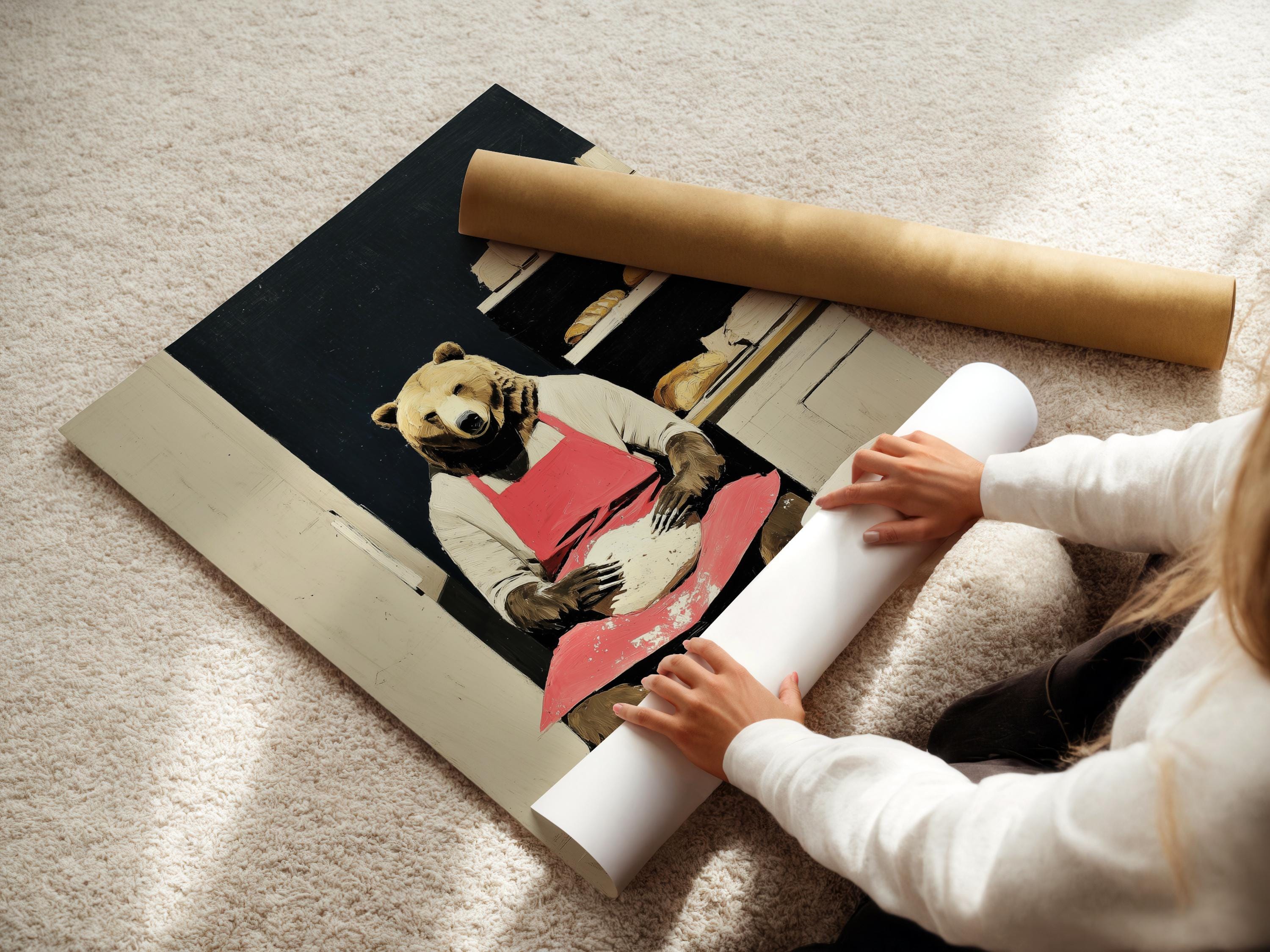 Bear chef wall artwork shown in a room mockup with multiple frame colour options