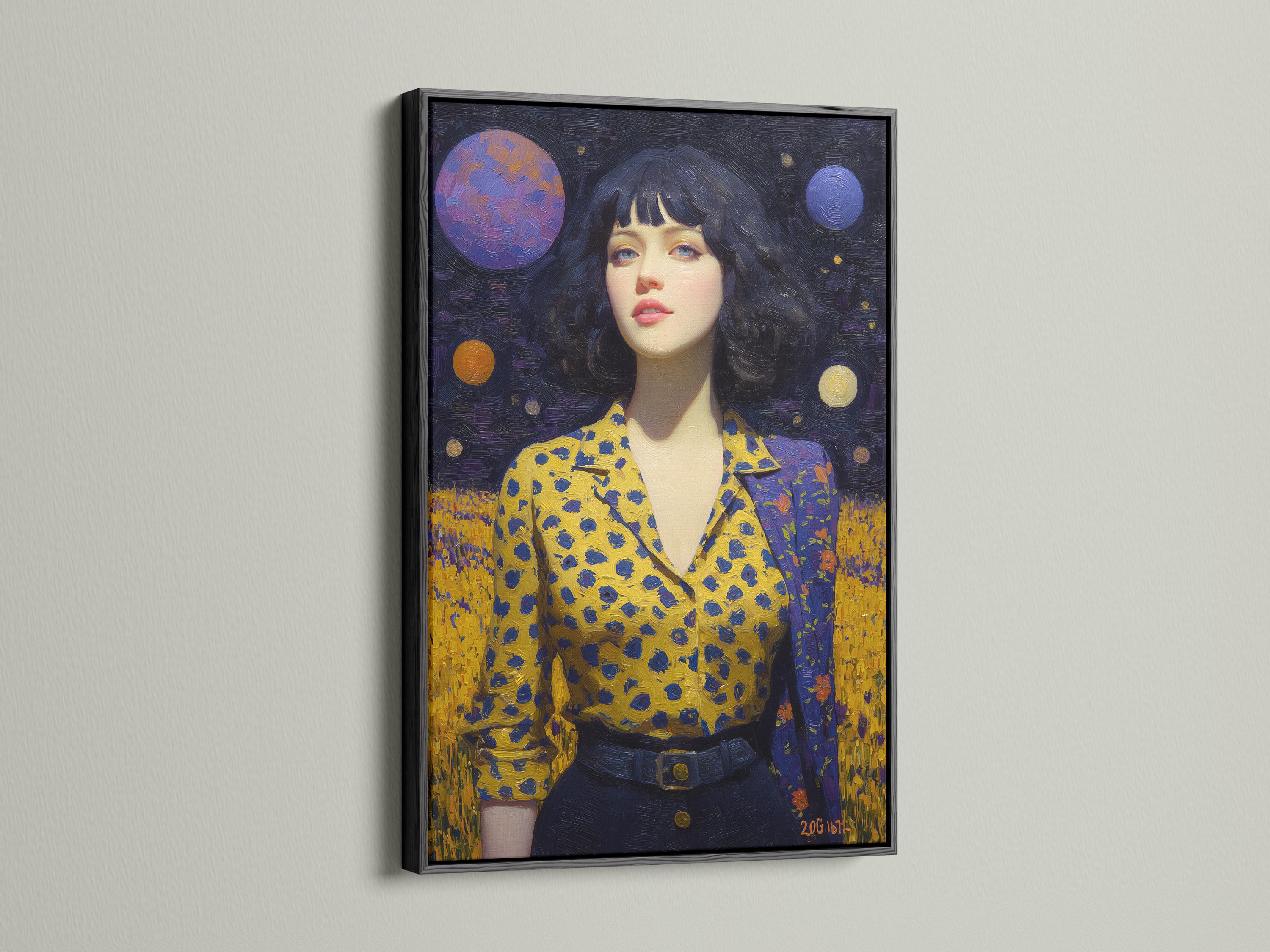 Stylised woman portrait in a dark starry galaxy with planets and a mustard-yellow patterned dress detail view