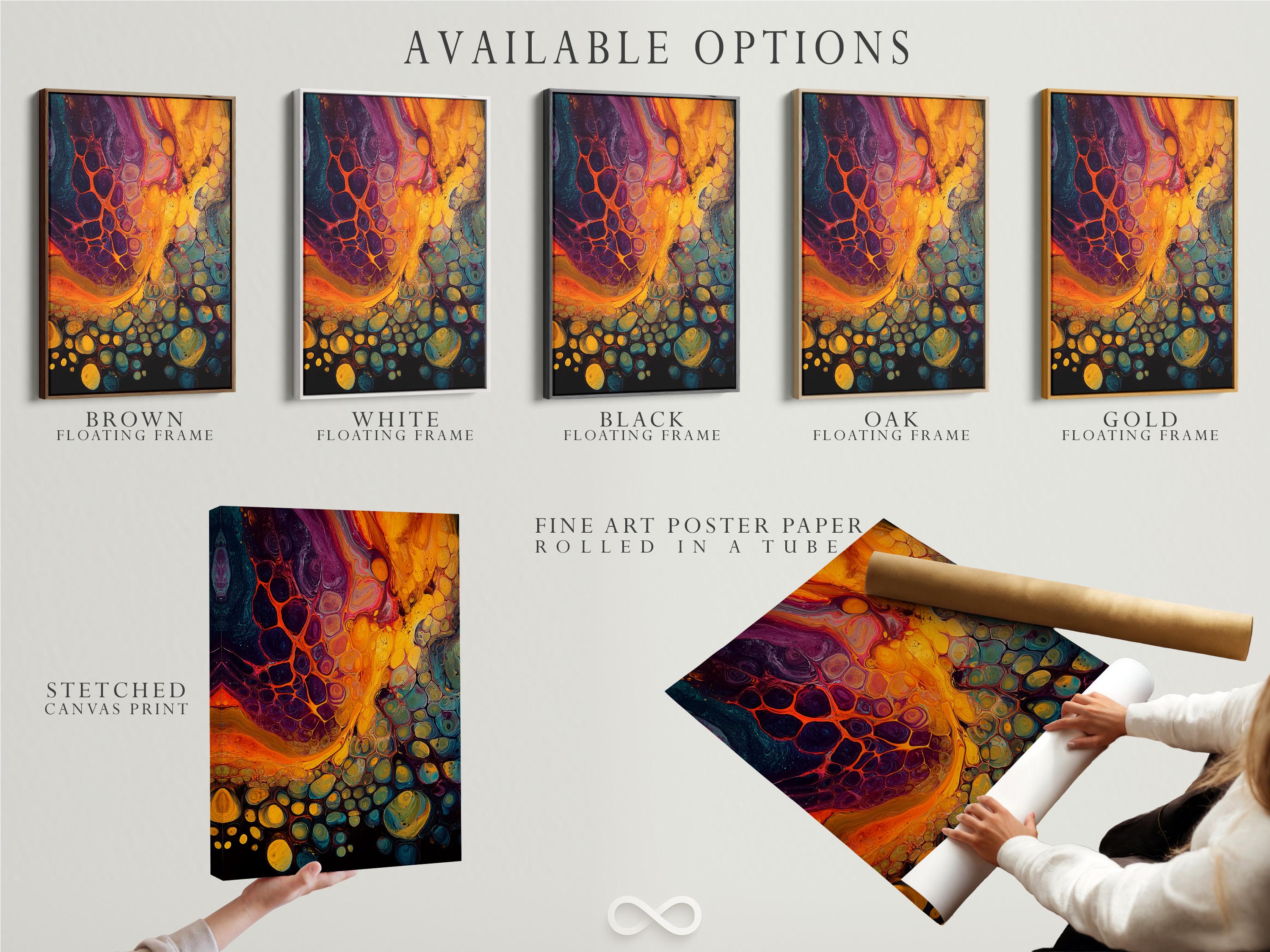 Abstract fluid artwork with gold, purple, teal and orange flowing bubble-like shapes detail view