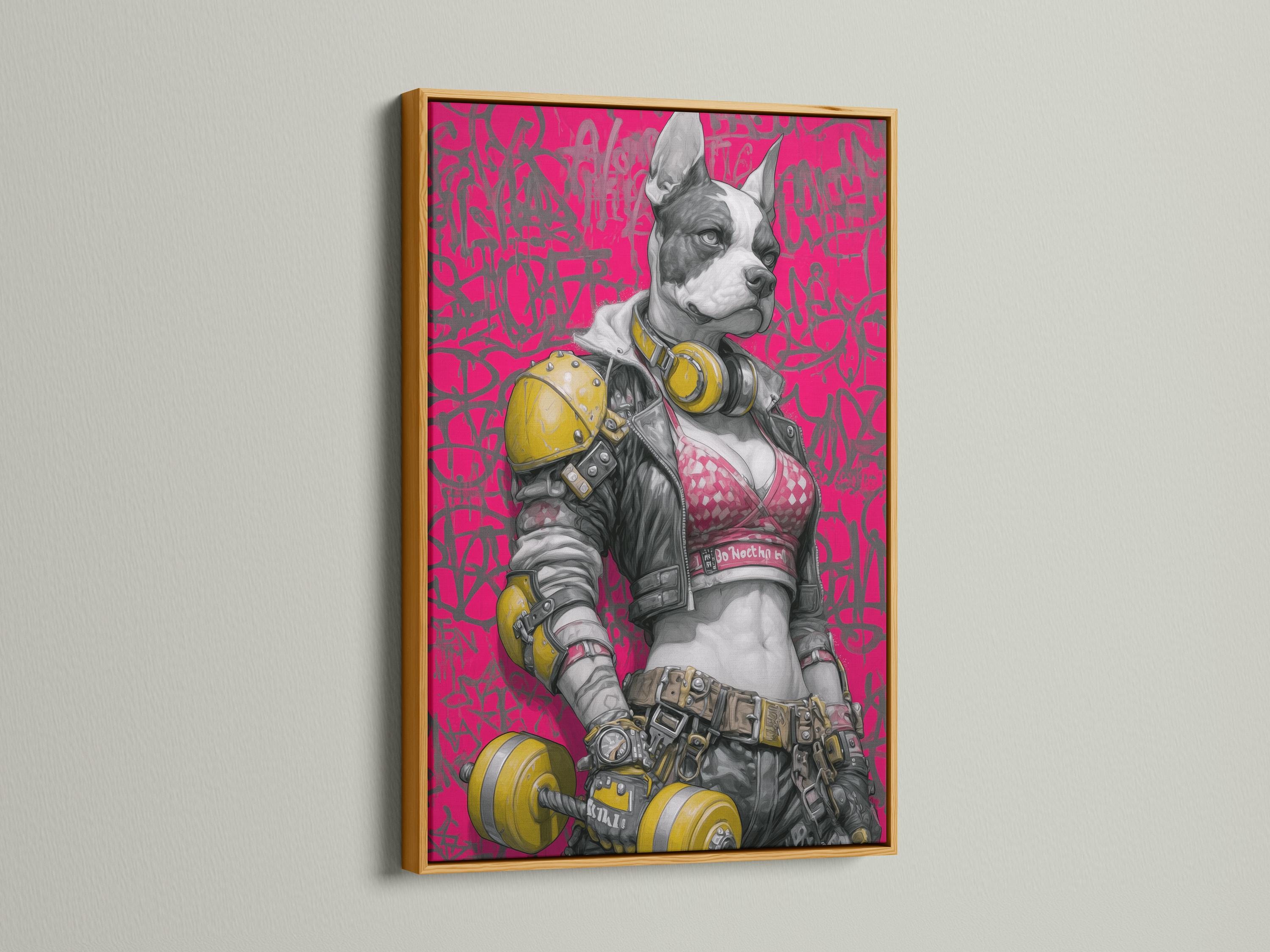 Stylised astronaut dog illustration with a pink graffiti background and yellow accents detail view