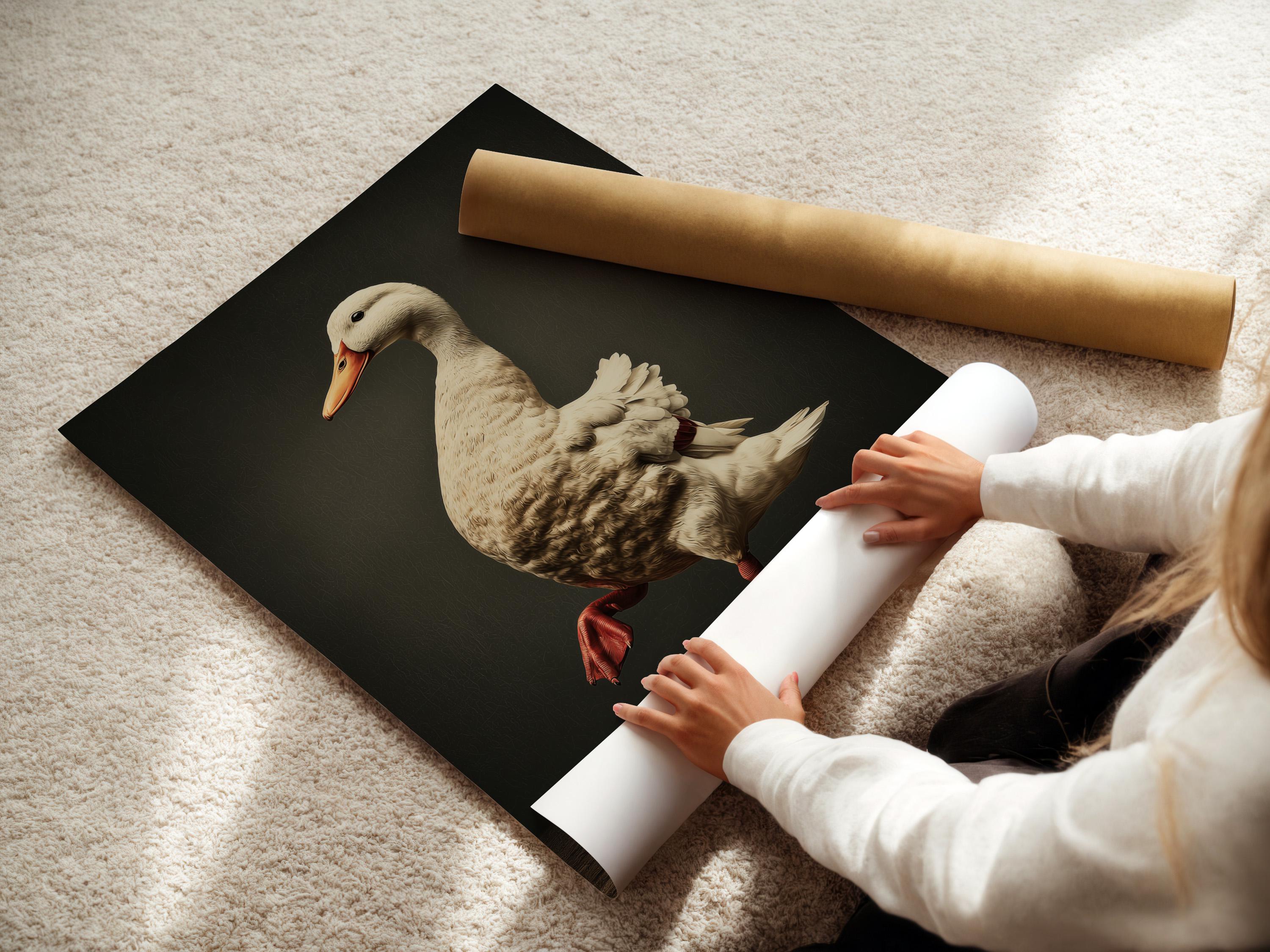 Vintage duck illustration in cream and rust red-orange standing on cobblestone-like ground against a dark background detail view