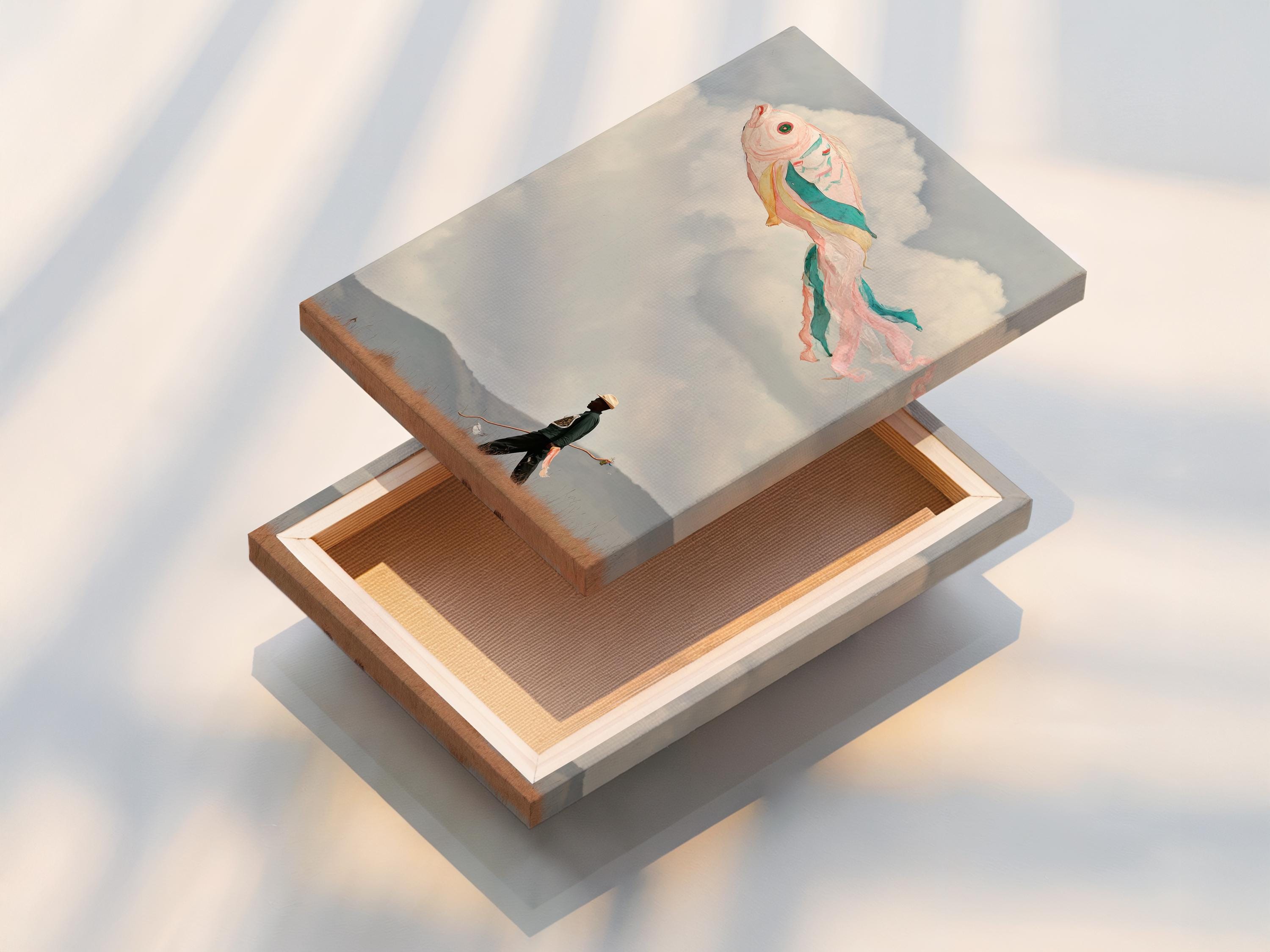 Mockup of a framed artwork showing a surreal flying fish in the sky