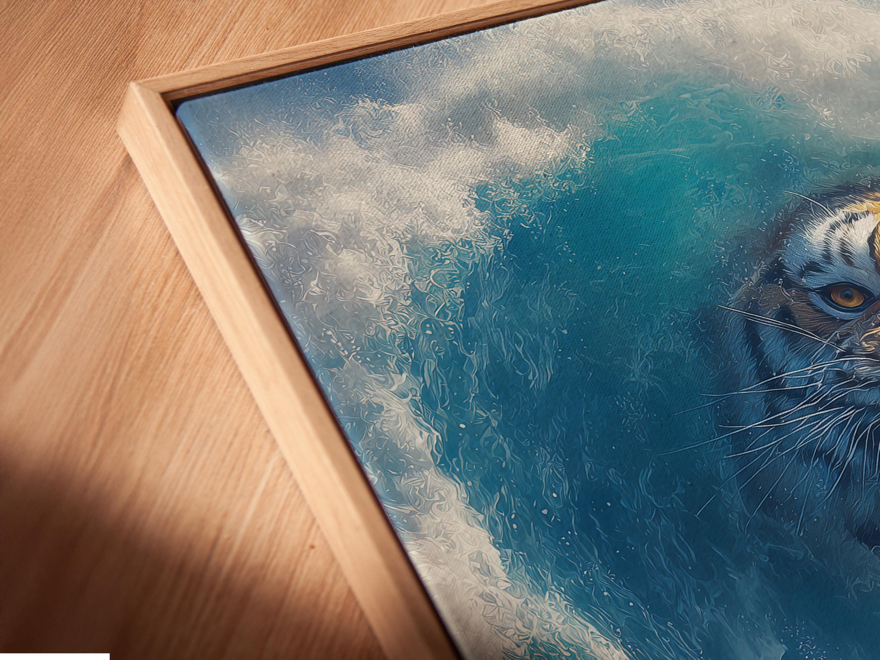 Wall mockup showing framed ocean fantasy tiger wave artwork