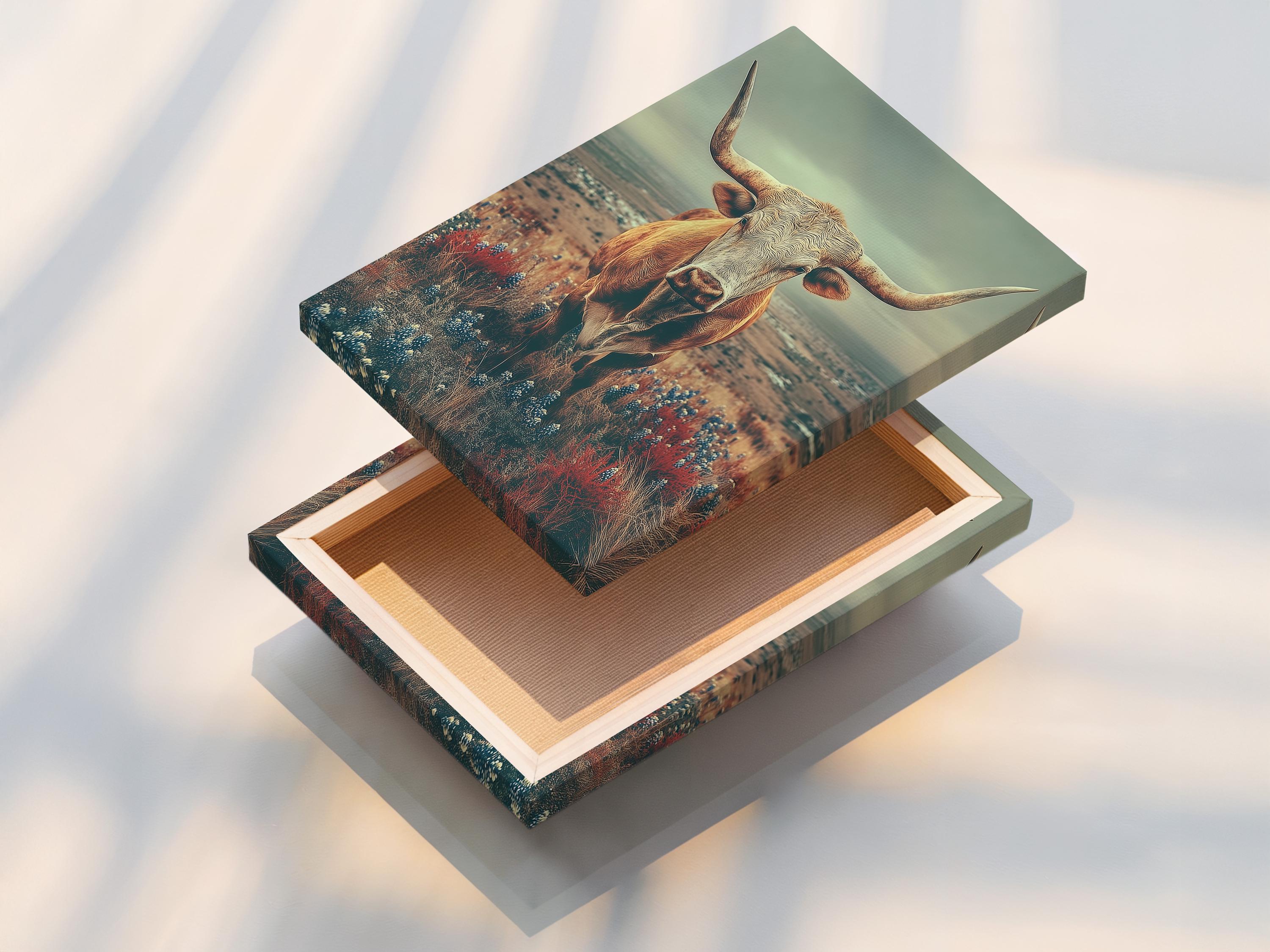 Longhorn cow standing in a countryside landscape with red and blue flowers under a muted green sky detail view