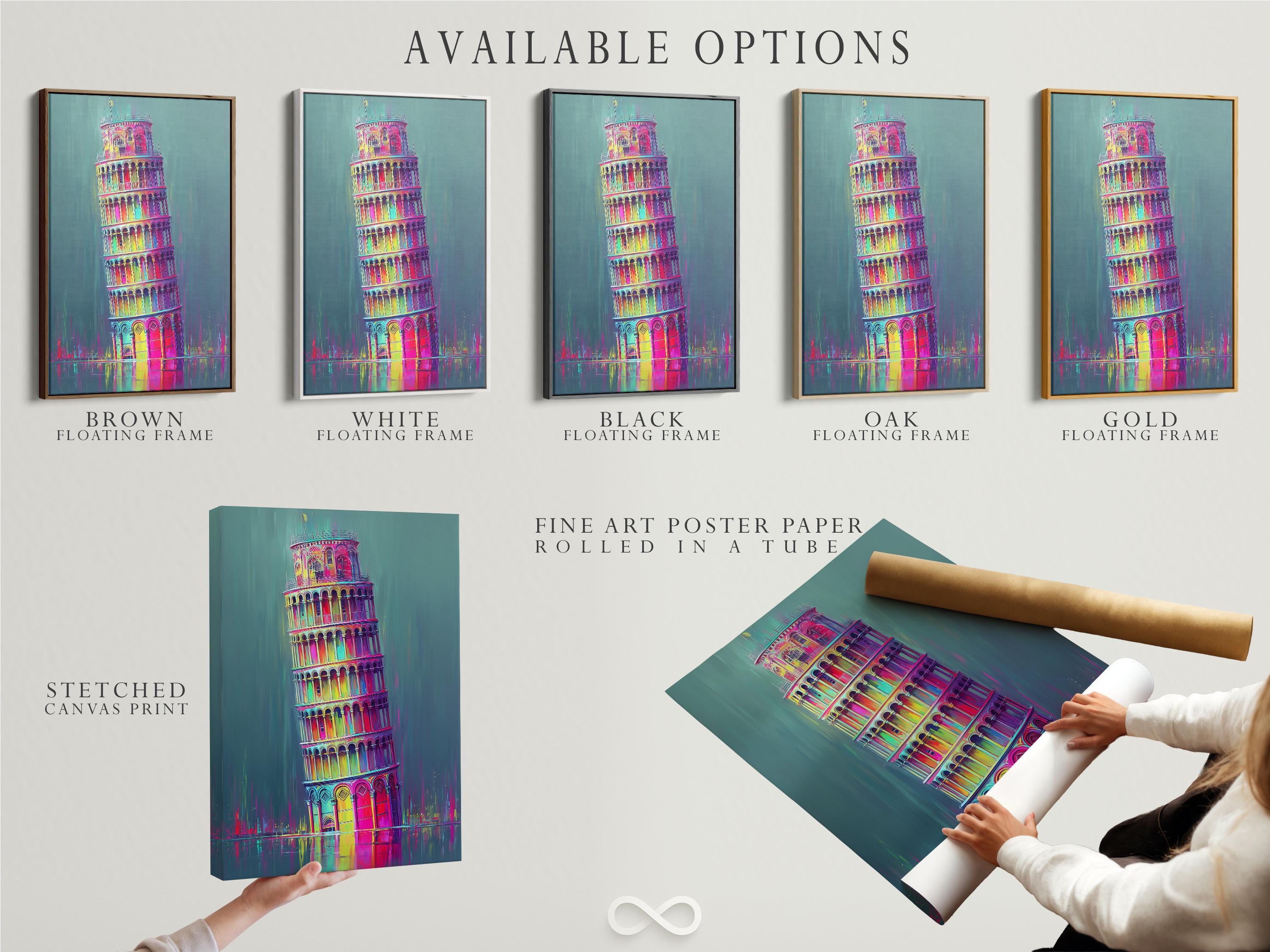 Mockup showing a framed neon rainbow Leaning Tower of Pisa illustration on a wall
