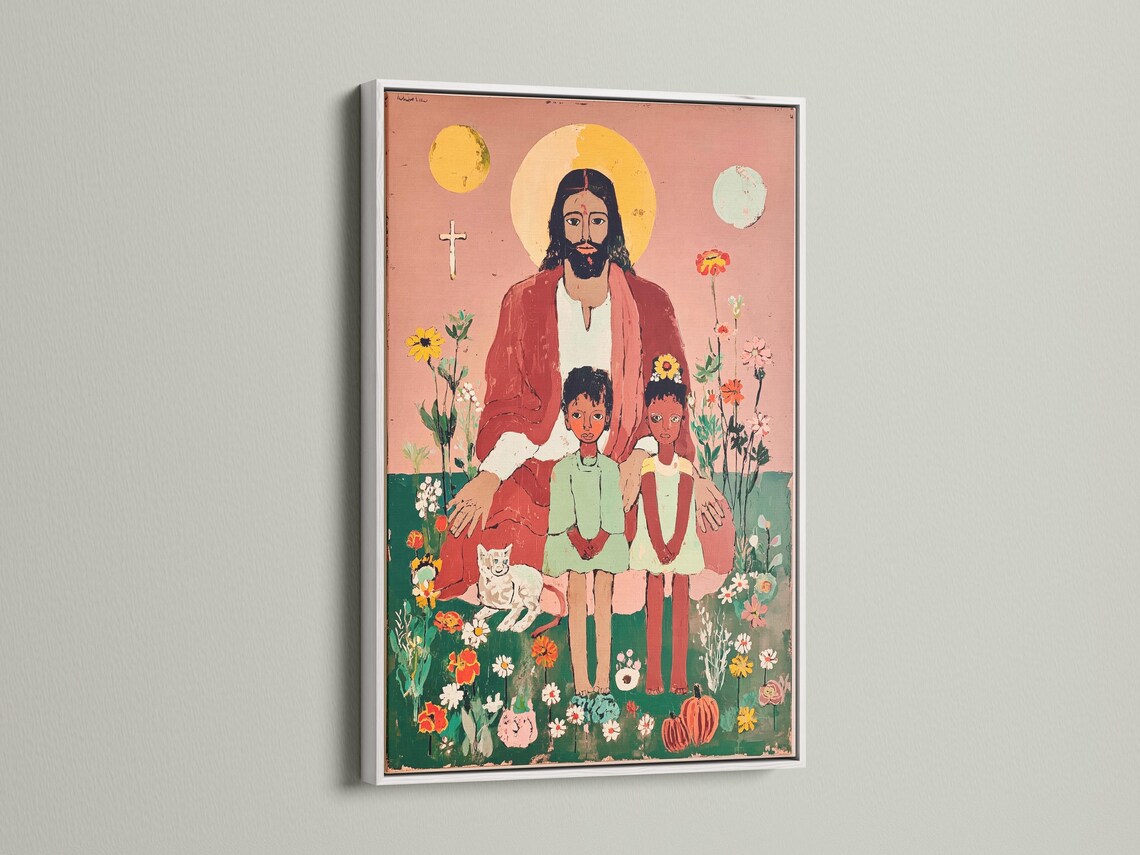 Folk-art illustration of Jesus with a pale halo, two children, and many flowers on a dusty pink background detail view