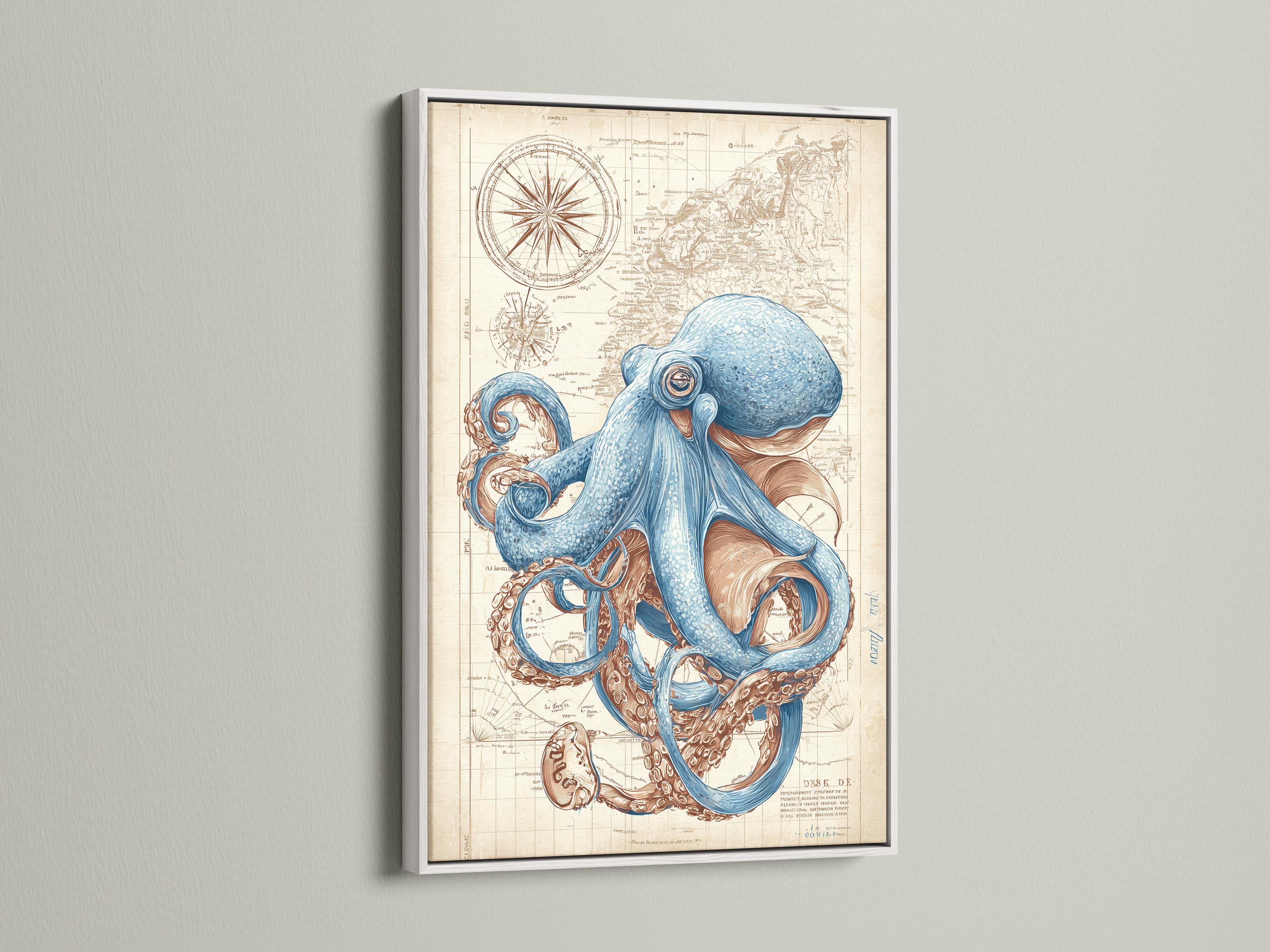 Blue octopus illustration over an antique beige nautical map with compass-like circles detail view