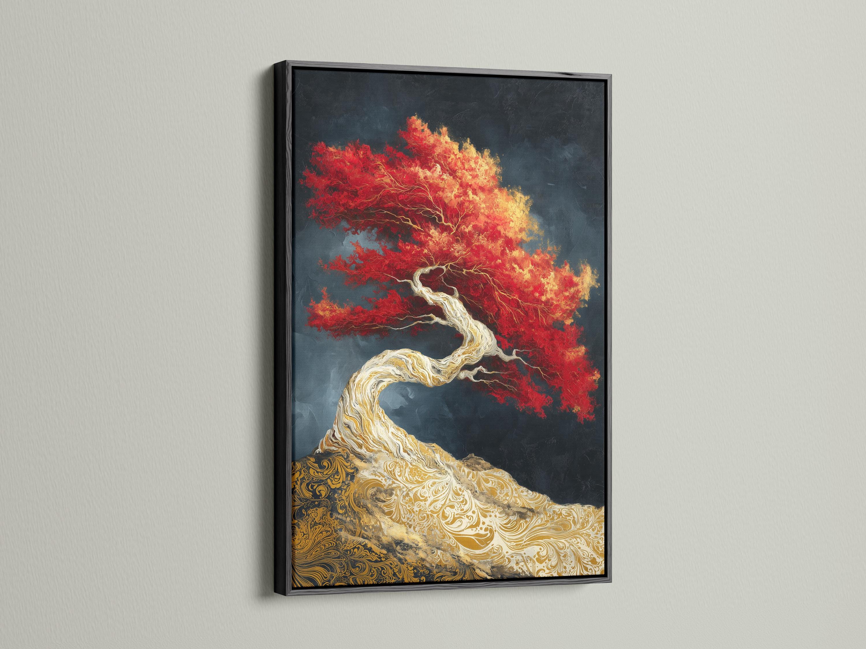Stylised tree artwork with pale twisting trunk, red-and-gold canopy, and ornate gold base on navy background detail view