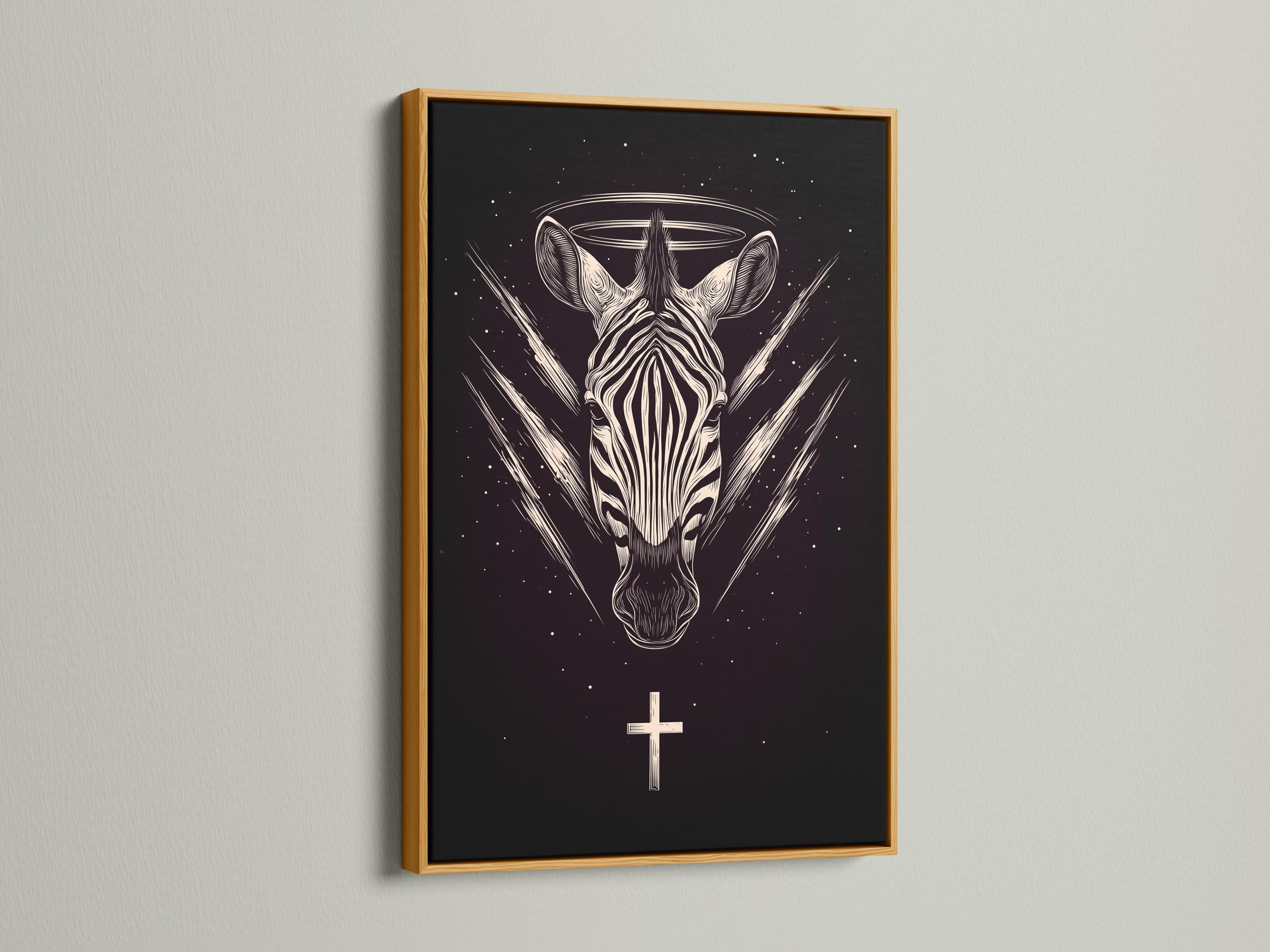 Stylised zebra head in off-white linework on a dark starry background with a halo ring and cross detail view