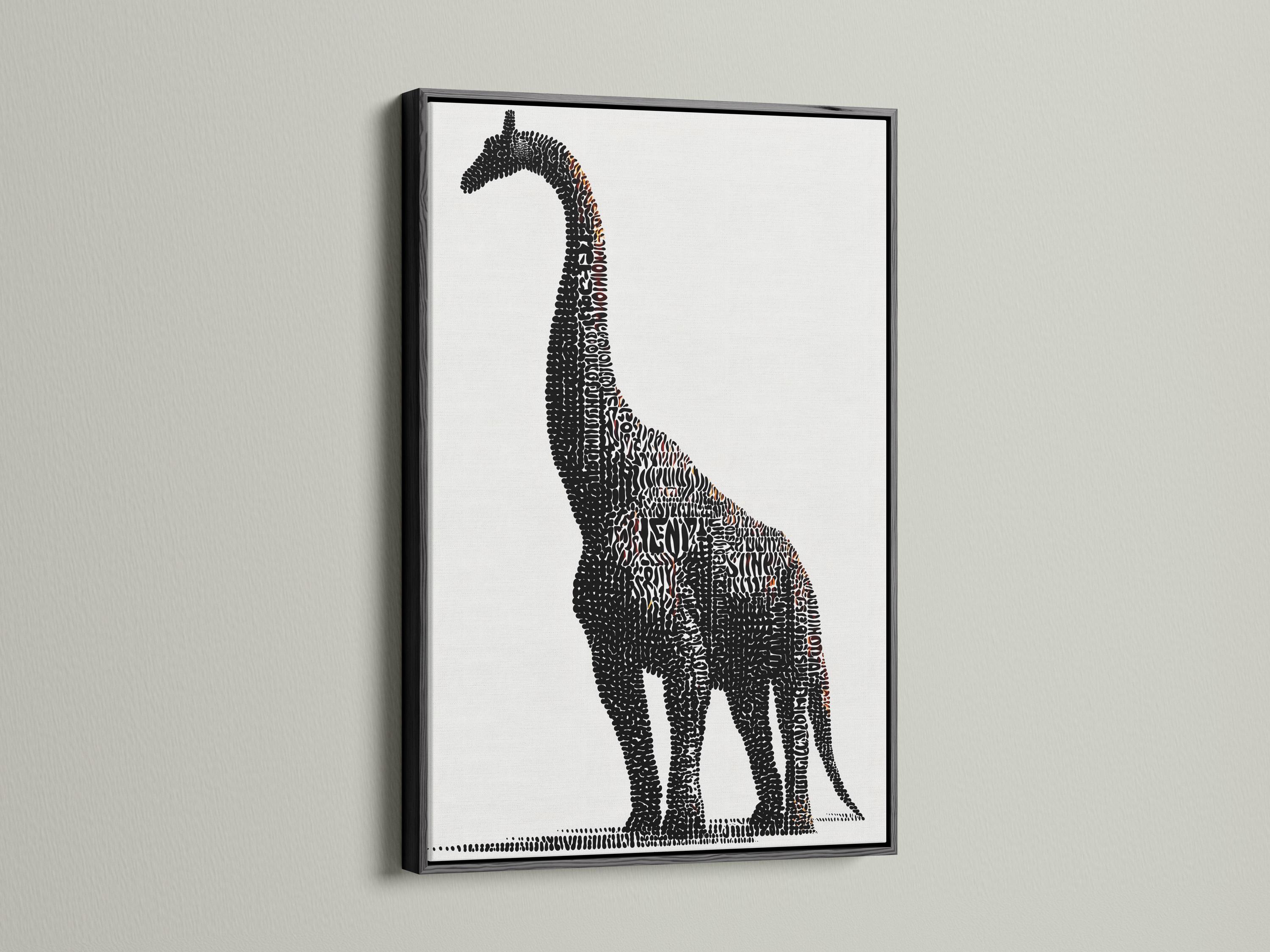 Brontosaurus silhouette made of dense black dots with small terracotta accents on a light background detail view