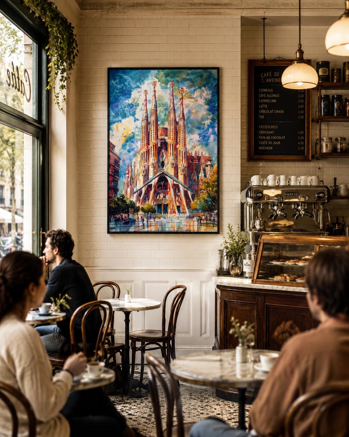 Room mockup showing a framed cathedral spires artwork on a blue wall above a desk